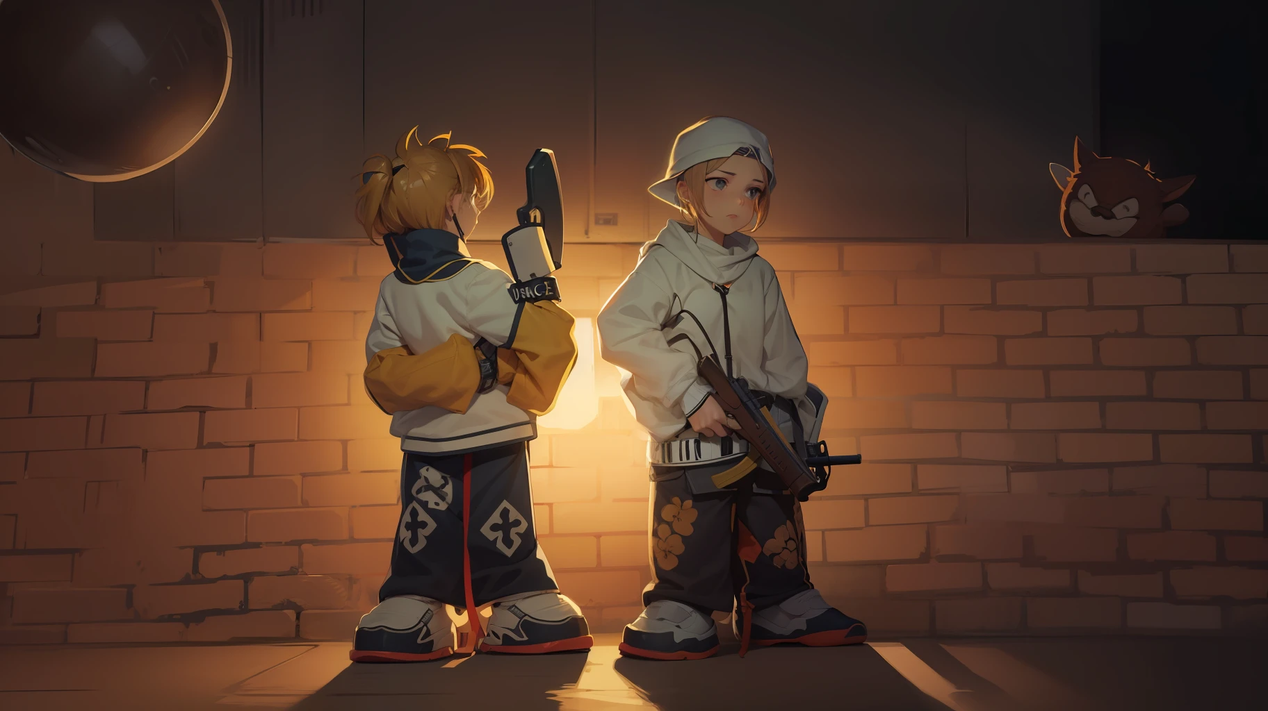 Desenho de linhas, irreal, 2 garotos segurando armas, lua