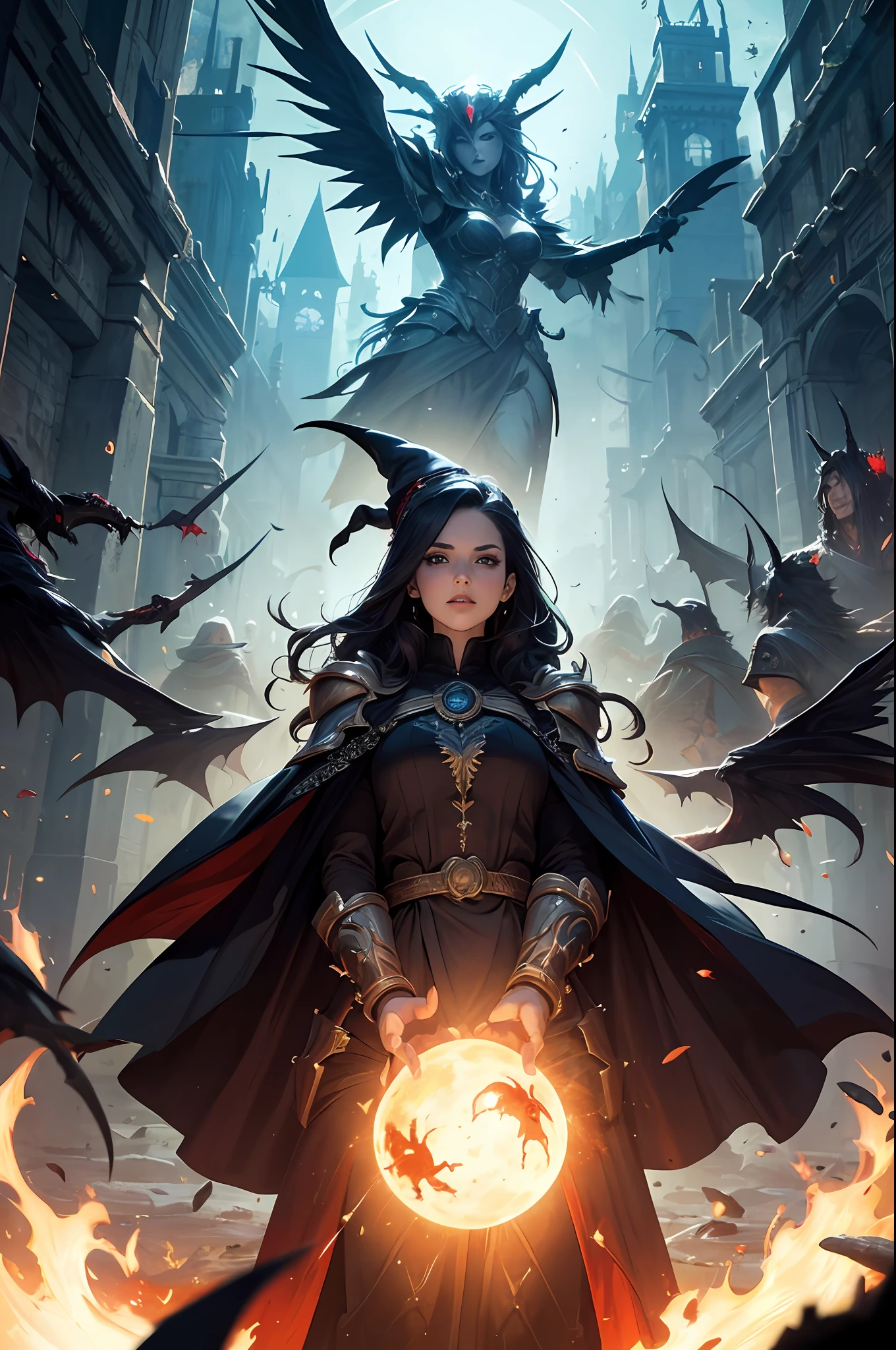 (masterpiece, best quality), a powerful female witch casting a spell upon a striking army of zombie fighters, detailed robe armor, forgotton realms, fantasy, vibrant colors, clean lines, eye-catching composition, photorealistic, excellent lighting, in style of epic oil painting