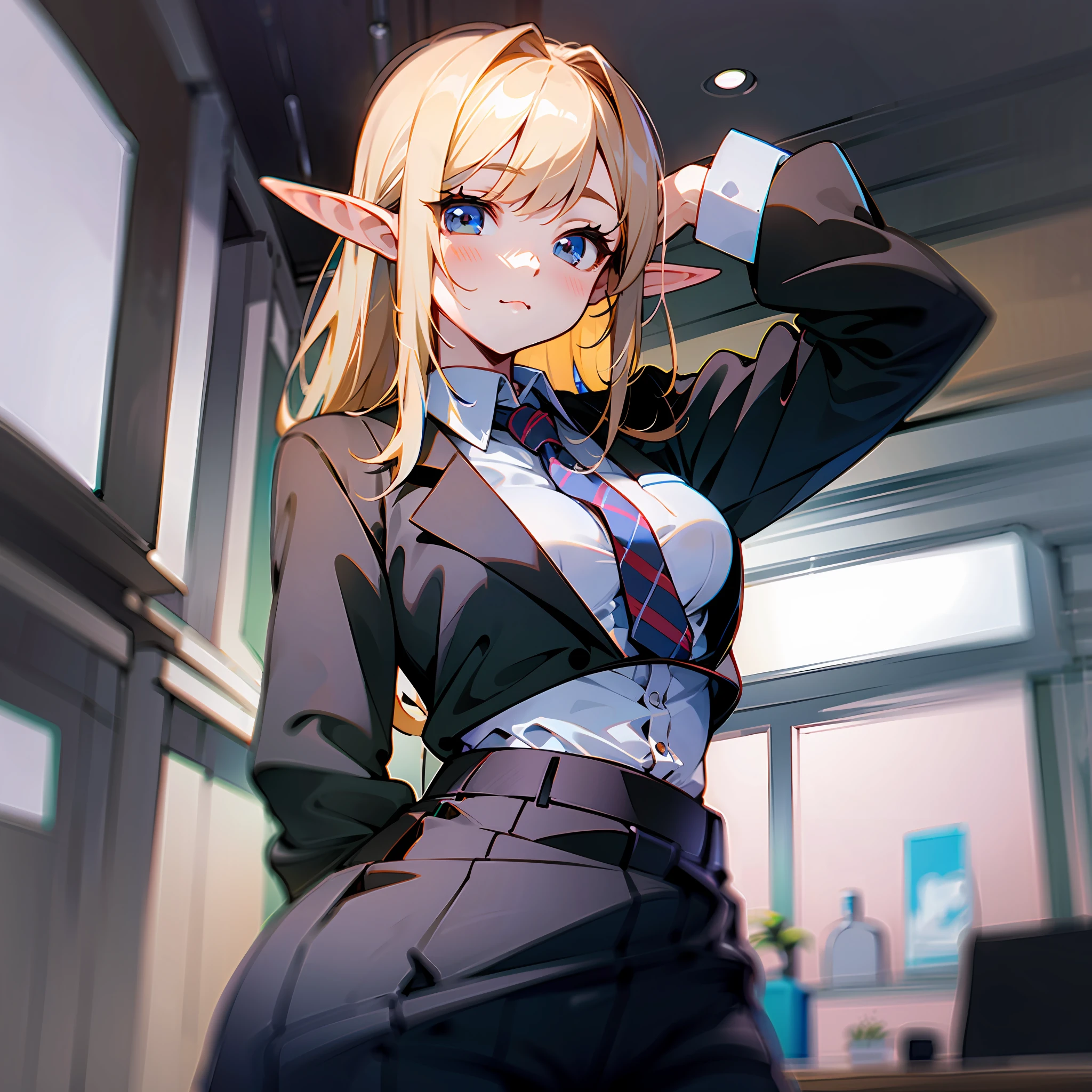 masterspiece、Ultra high image quality、High Accuracy、Young cute beautiful elf、Art Works、smalll breasts、Tied waist、small ass、ruffles、Oversized clothes、Office Worker、Black slacks