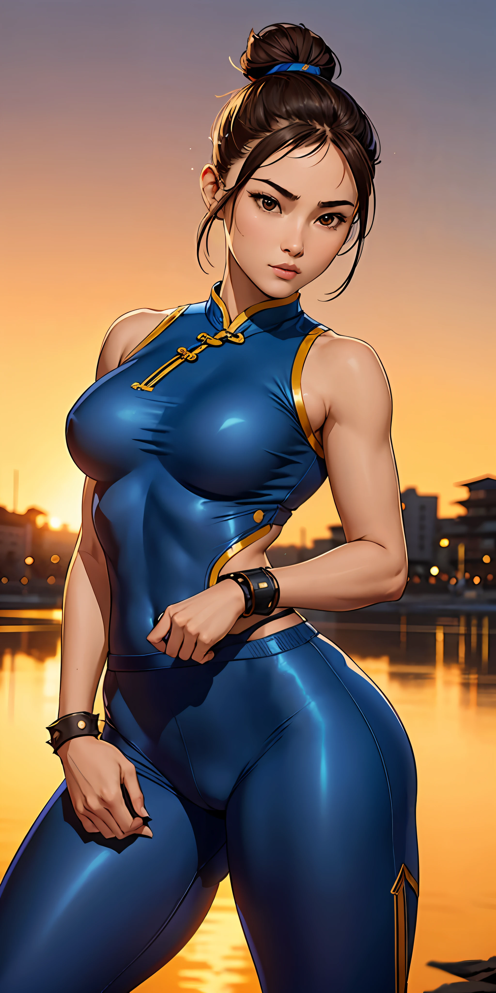 woman in her 20s, chunlims, (perfect face), defined jawline, beautiful brown eyes, beautiful lips, (short brown hair, hair bun, double bun), (perfect anatomy), (athletic body), (), (thick thighs), (perfect hands), (blue cheongsam), tight blue track pants, spiky bracelets, looking at viewer, (medium full shot photograph), (fighting arena background), realistic