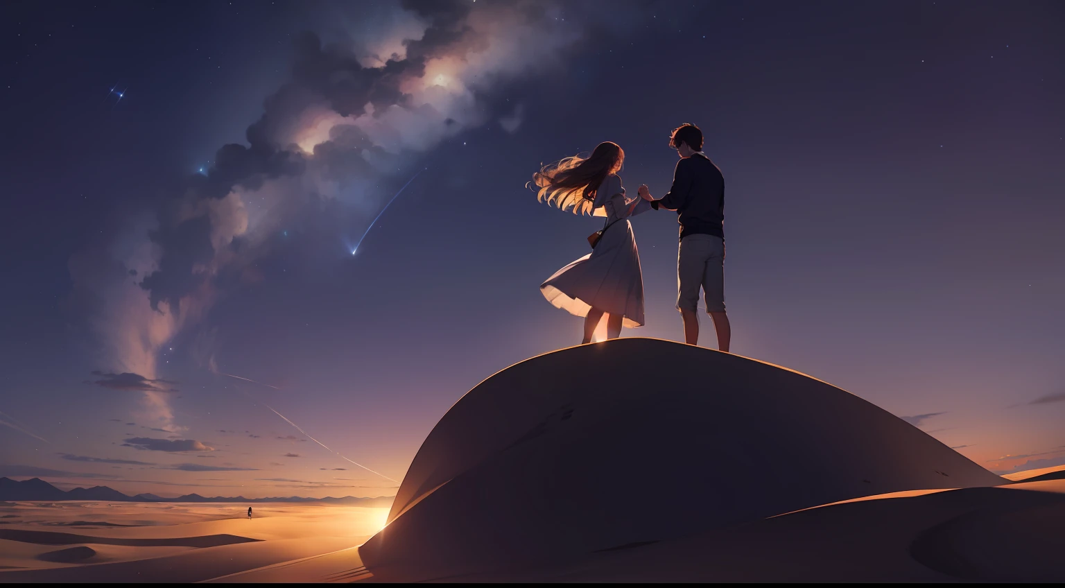 desert、Silhouette of a man and a woman hugging each other in a fantastic atmosphere、starry skies、Clear air