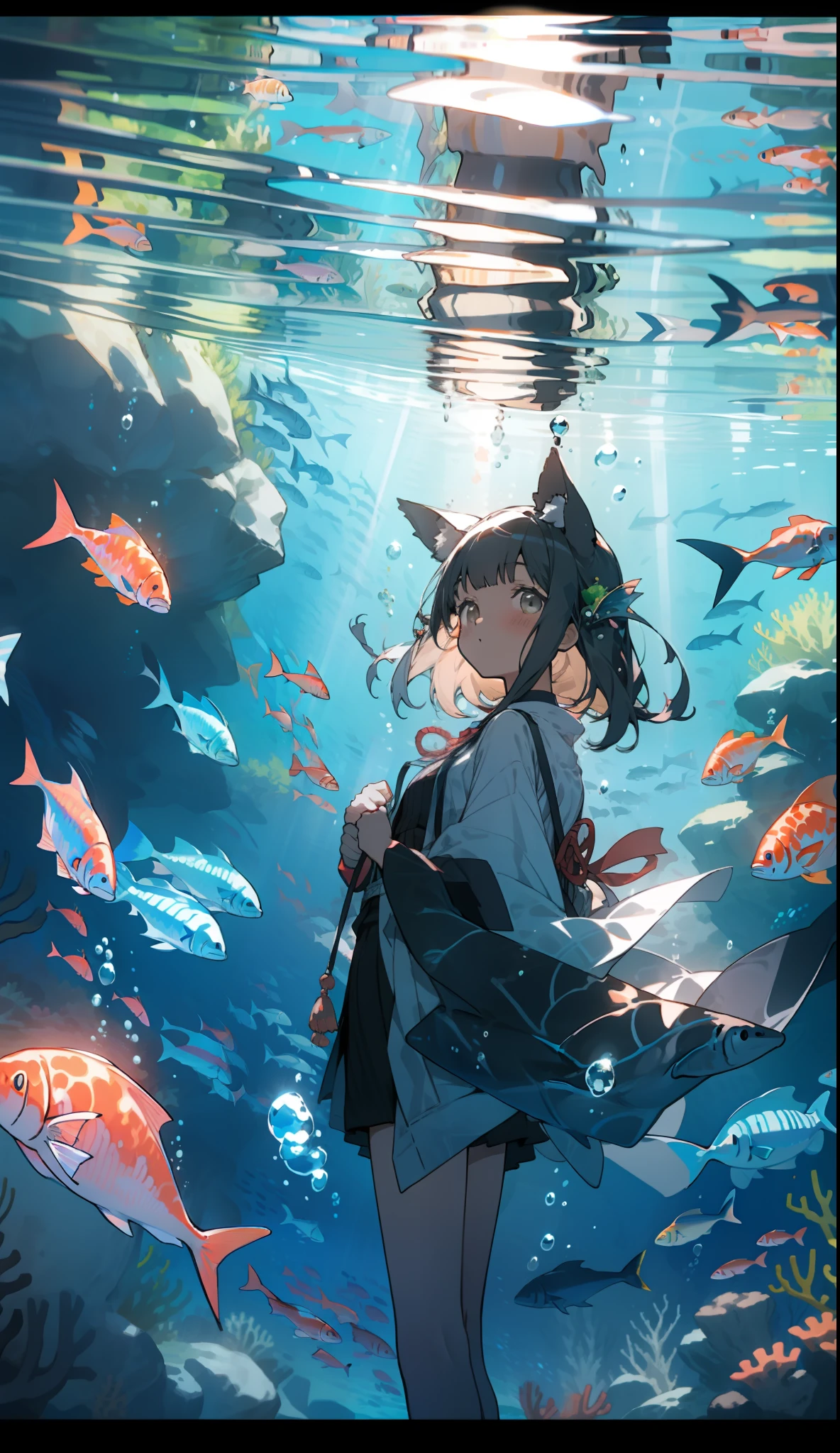 gal girl，jiji， 独奏， fishes， under the water， looking at the spectator， Bubbles， hair bangs， coral， ， The sunlight， air bubbles， ribbons