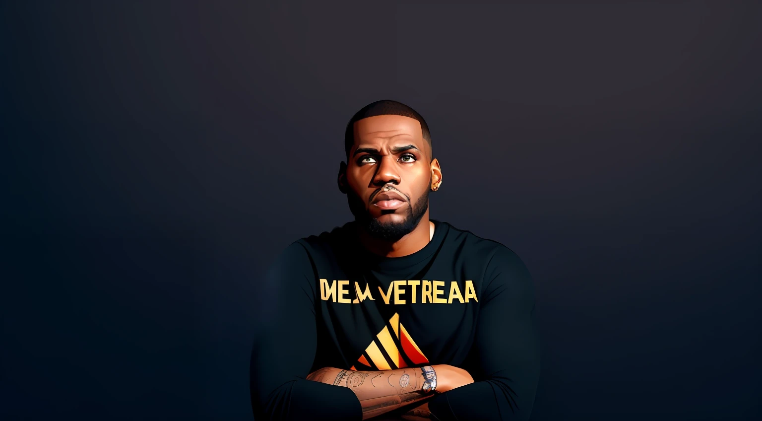 Homem com tatuagens e uma camisa preta sentado em um banquinho, arte oficial, ligeiramente pixelado, inspirado em Paul Georges, Arte Oficial, retrato promocional, Retrato de LeBron James, he is wearing a black t-shirt, Kevin Hart, intrincado, no fundo preto, contra um fundo preto profundo, Mohamed Reda, ((Saturado)), editing