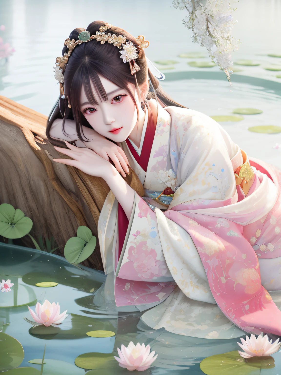 painting of a woman in a kimono dress laying on a log in a pond of water, royal palace ， A girl in Hanfu, By Li Song, Guwiz, Ethereal beauty, author：Chen Lin, lovely languid princess, guviz style artwork, Beautiful character painting, a beautiful artwork illustration, inspired by Tang Yin, serene illustration