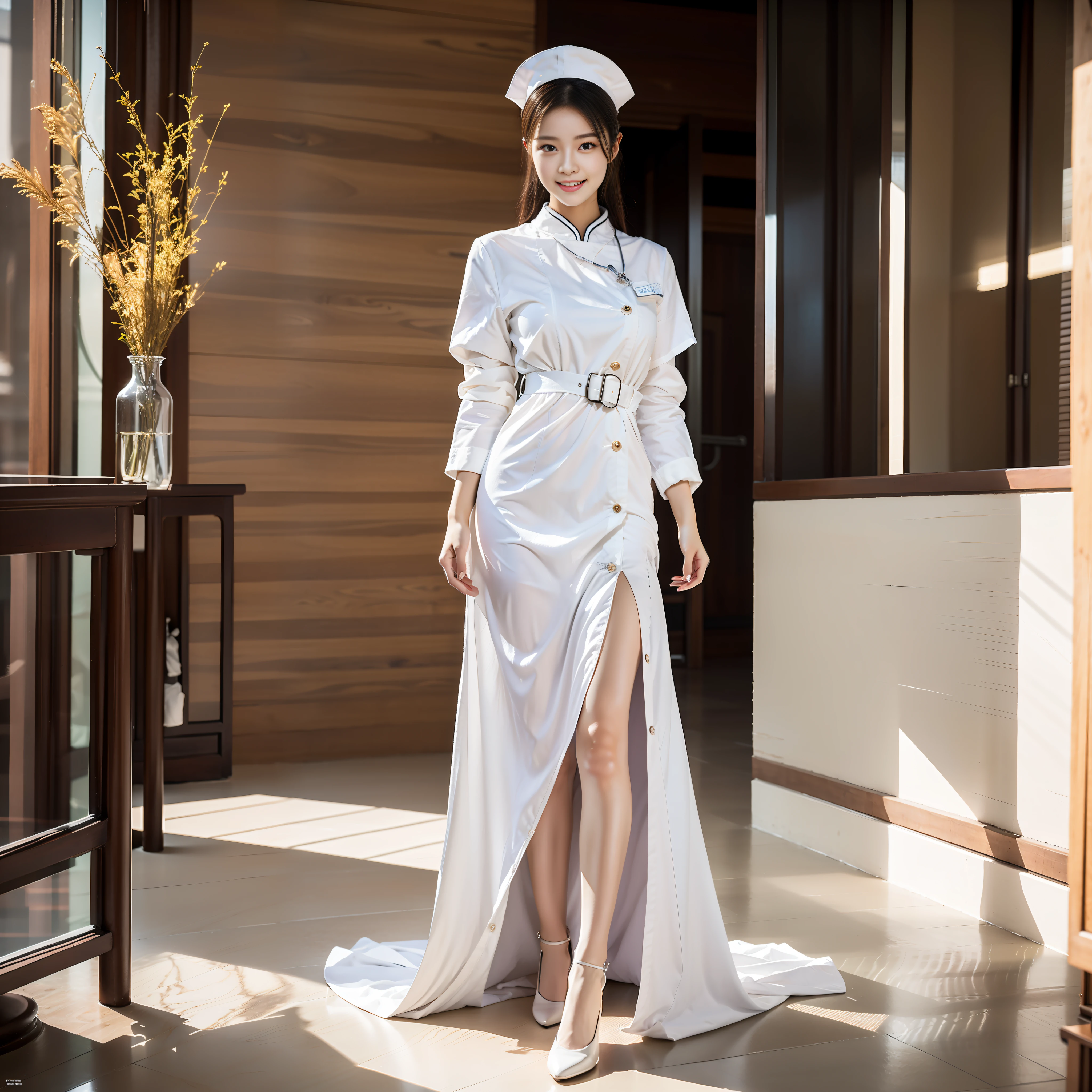 Full body photo,leggy,thin waists,(RAW photos,best qualitiy),杰作,20years old,Chinese nurse,Cutes,(shooting full body:1.8),(((White in color))) The nurse's uniform is smooth、 Nurse hat、 stethoscope, leggy,thin waists,best qualitiy,(exquisite detailing),high resolusion,Extremely-Detailed,(solo focus),(Nurse's uniform)Super realistic detailed clothing features,(Nurse hat),Concentrate on the infusion,Outpatient infusion hall,Peaceful interior, Smile with, Double eyelid,2 0 years old female model,Beautiful Chinese woman,perfectbody,medium boobs,thin waists,beauty legs,Slim,high-definition,16k,Small round face:1.0,Realistic and perfect face and skin,Detailed beautiful eyes,Double eyelid,long eyelash,Swollen eyes,Realistic face and eyes,Facial light,Super detailed facial details,Gloss on lips,Blushlush:1.0,The skin is white and shiny:1.2,Extensive illumination,naturalshading,shooting full body:1.8