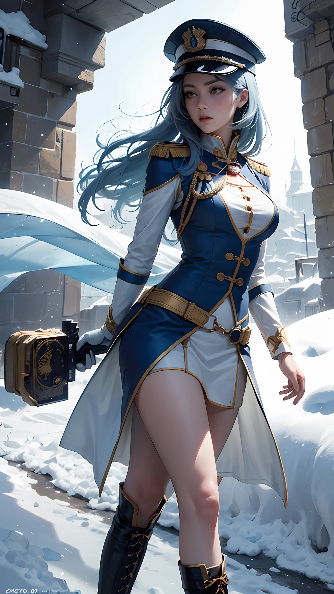 1girls, Delicate and beautiful face, get  blush, Blue pupil，blue hairs，long hair flowing，Angry, Parting lips, Busty chest，Convex buttocks，White military uniform, White military cap，White lace-up over-the-knee boots，perfectly proportioned, Detailed clothing details, Magic array special effects，Ice and snow，Cinematic lighting, filmgrain, Fujicolor, Contrast of light and shade, 8K, Masterpiece, Textured skin, Super detail, hight detail, High quality, high resolusion,