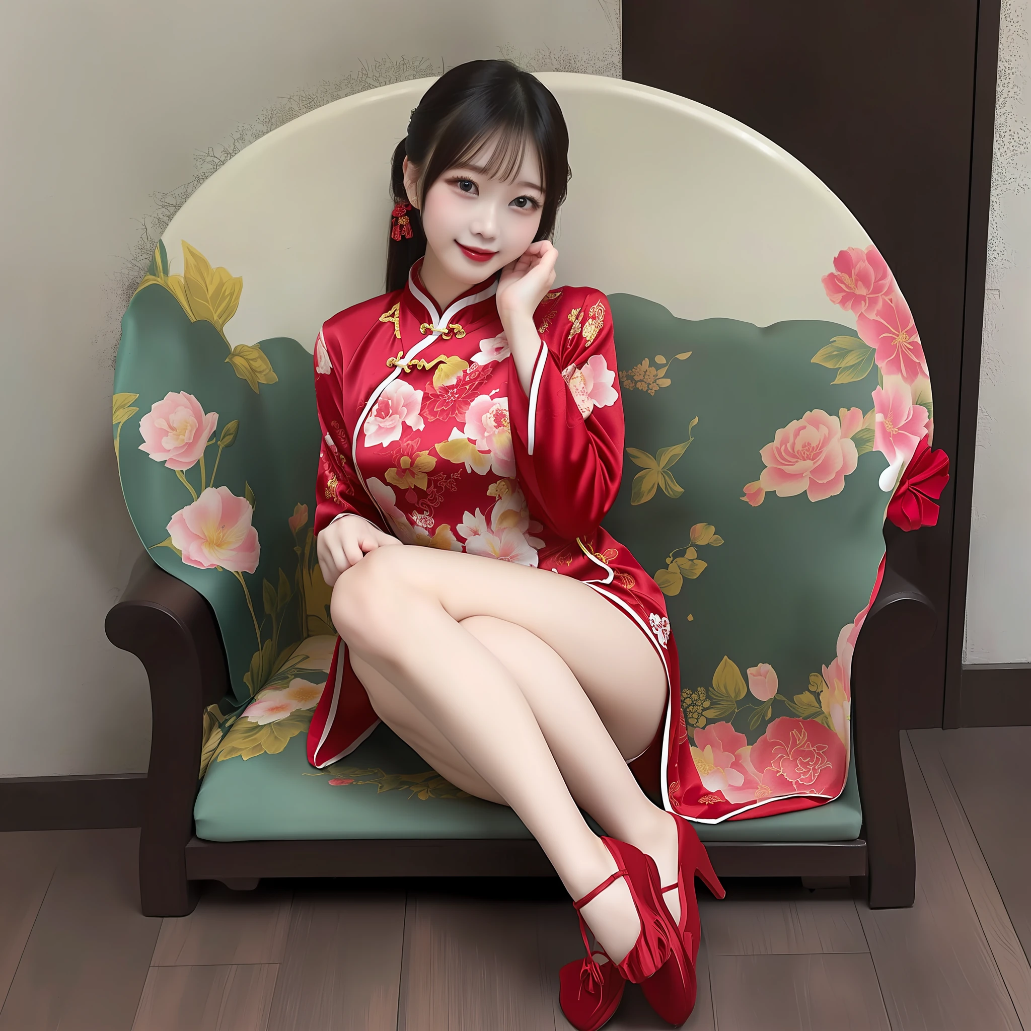 red Cheongsam、beautiful chinese woman、Giant tits、beauty legs