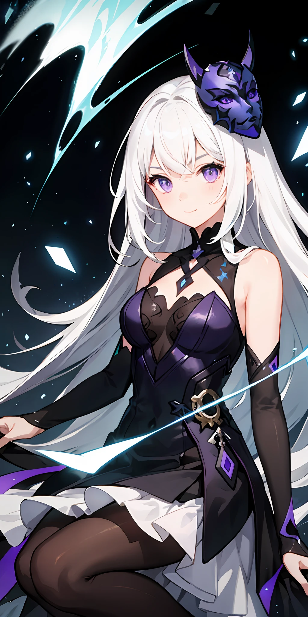 1girl, white hair, multicolored hair, purple eyes, mask on head, sidelighting, light particles, wallpaper,