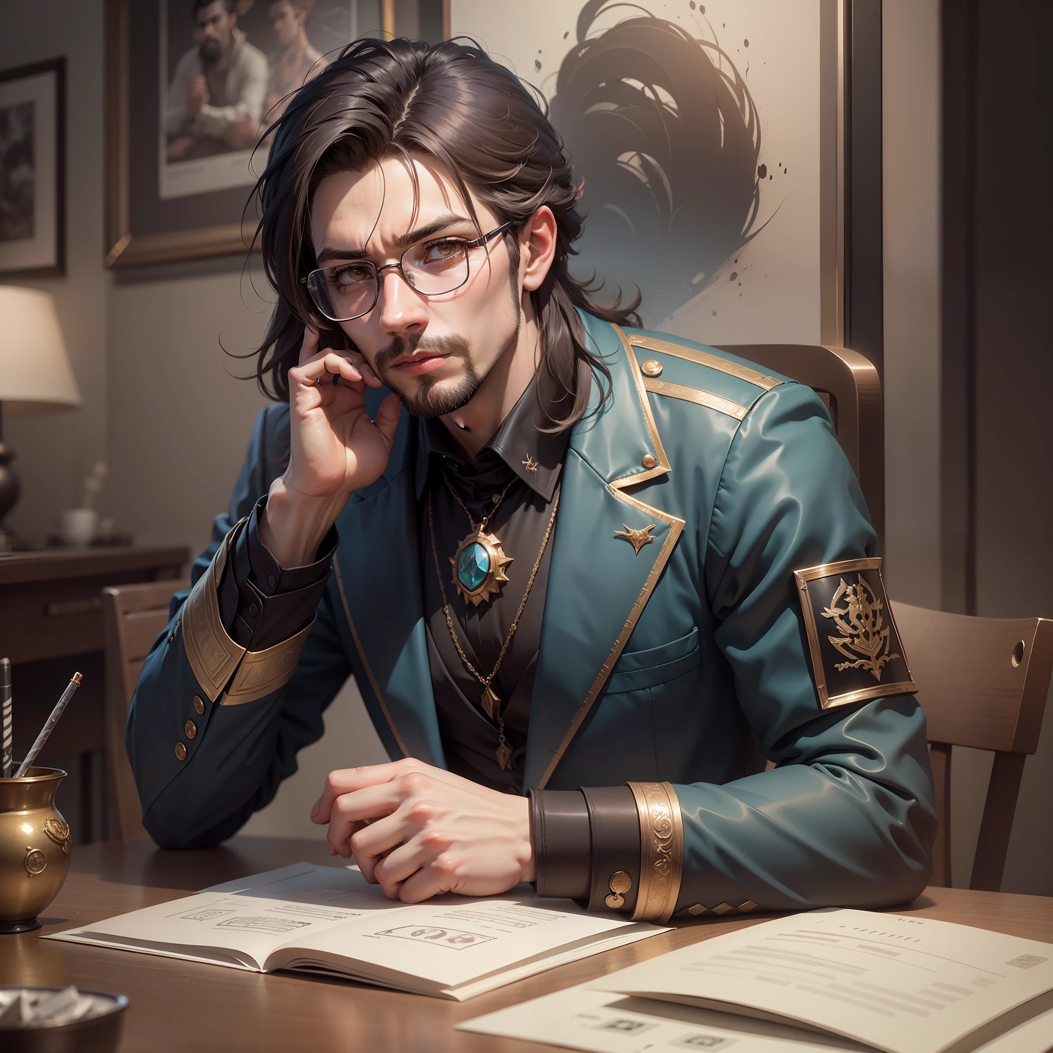 there is a man sitting at a desk with a lot of money, lawther sit at table playing dnd, artstation mans aesthetic, realistic fantasy render, trending on artstation 8k, epic and classy portrait, anton fadeev 8 k, trending on artstation hq, trending in artstation, trending on artstation hd, trending on artstation.'
