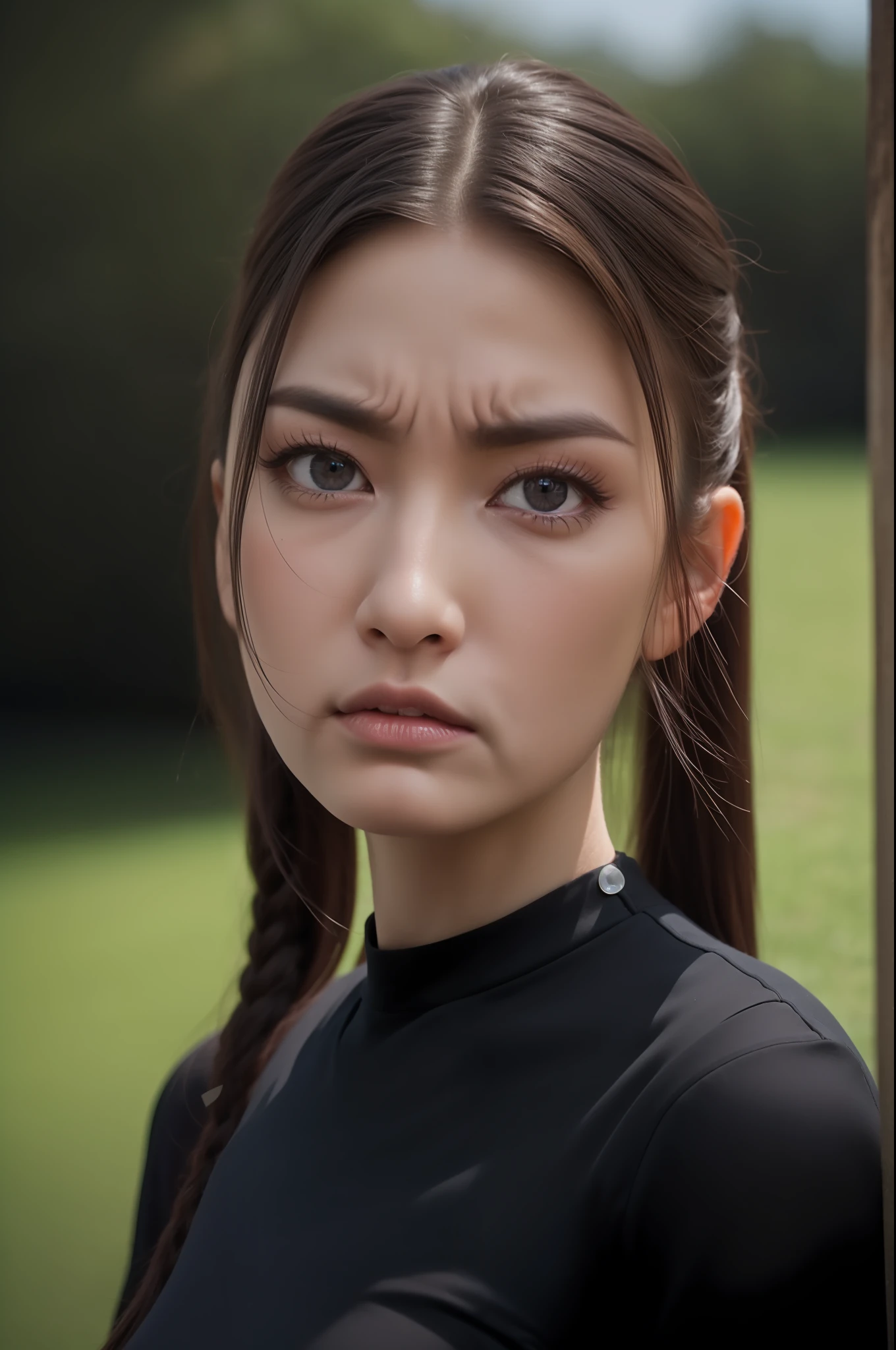 (((anger)))、Angry eyes、Angry eyebrows、Angry mouth、menacing、beste Quality、in 8K、masterspiece:1.3、Sharp focus:1.2、Woman with perfect body shape:1.4、Realistic rays、ponie tail、Vacant land