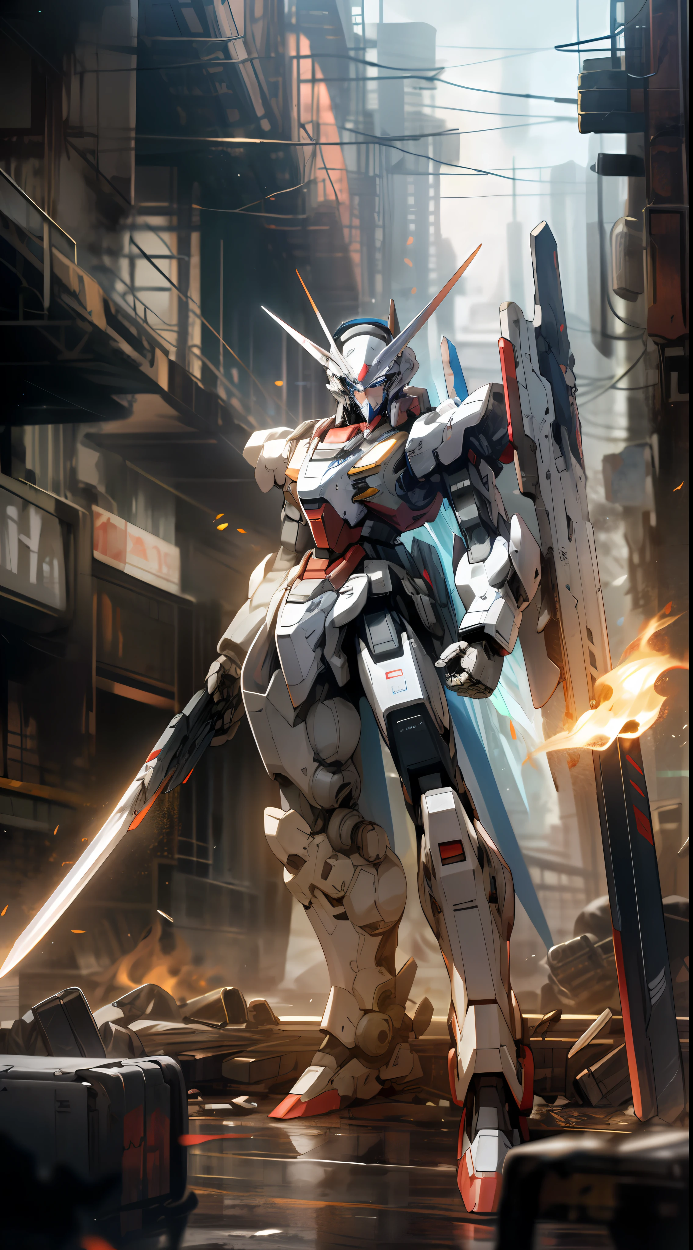 Surrealism, ray tracing, UHD, high details, 8k, best quality, textured skin, Gundam mech, masterpiece, best quality, mecha, unmanned, (full body), (white mech: 1.5), (axisymmetric: 1.4), (HDR), (movie light: 1.1), white eyes, cool, science fiction, fire, laser cannon beam, war, conflict, destroyed city background handheld weapon, (Holding a huge weapon: 1.5), holding an oversized shield, mech man, 8k