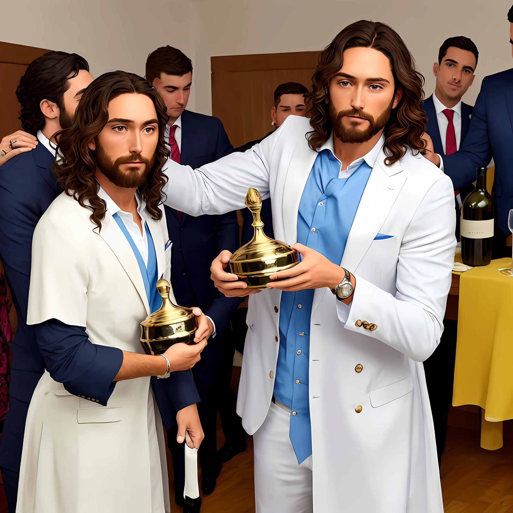 Jesus pelo rizado bebiendo vino con una copa de traje y corbata y