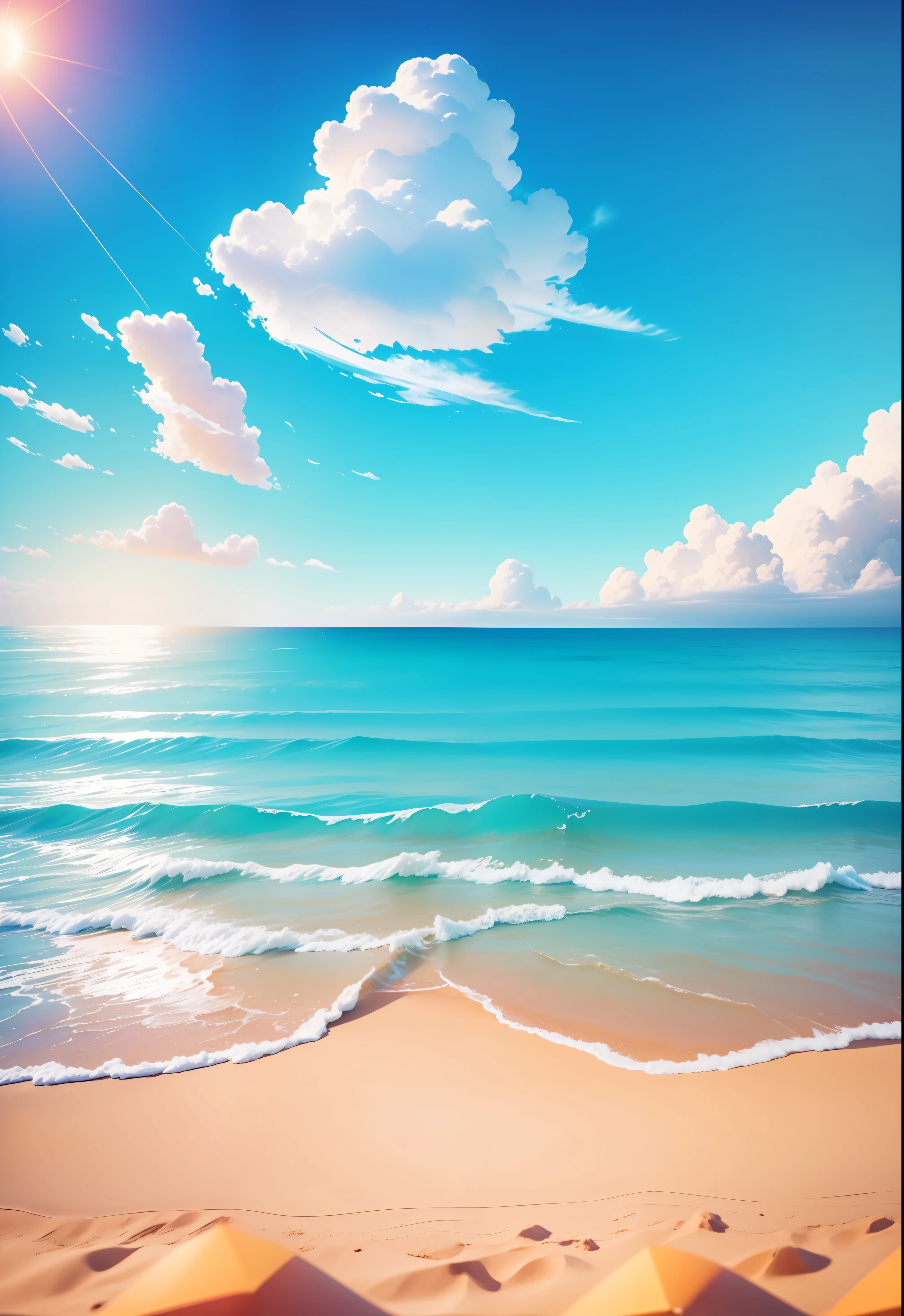 Summer seaside, beach, sunny weather, clear sky, sunny, colorful, happy and happy summer vacation, simple picture, close-up, brilliant sunshine, distant waves, visual impact, 3D DreamWorks style, the perspective is square