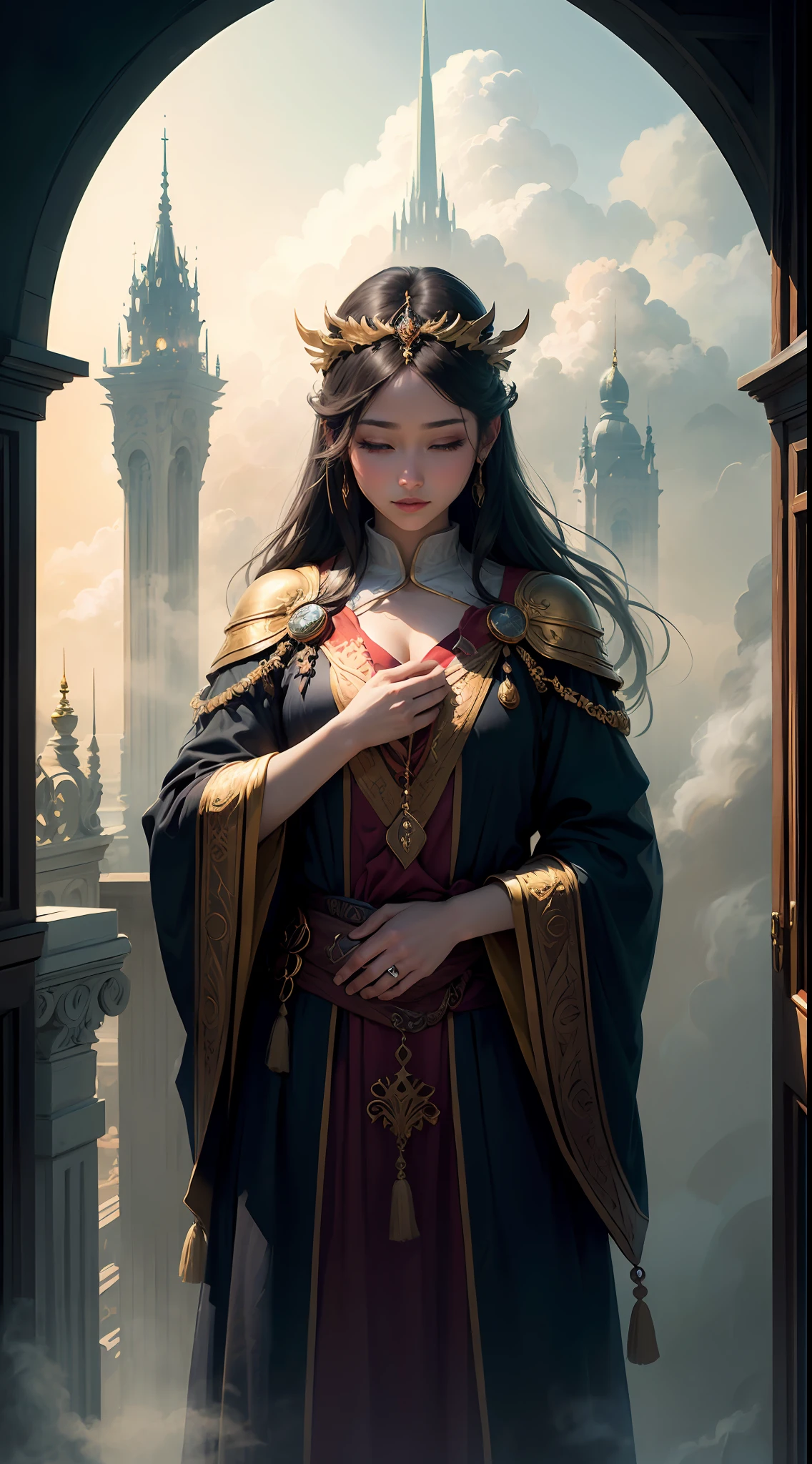 ((masterspiece))、(((beste Quality))、backgrounds、God comes、A beautiful、The god、Golden view、Foggy、Haze、mystical、Fantasia、Fantastic