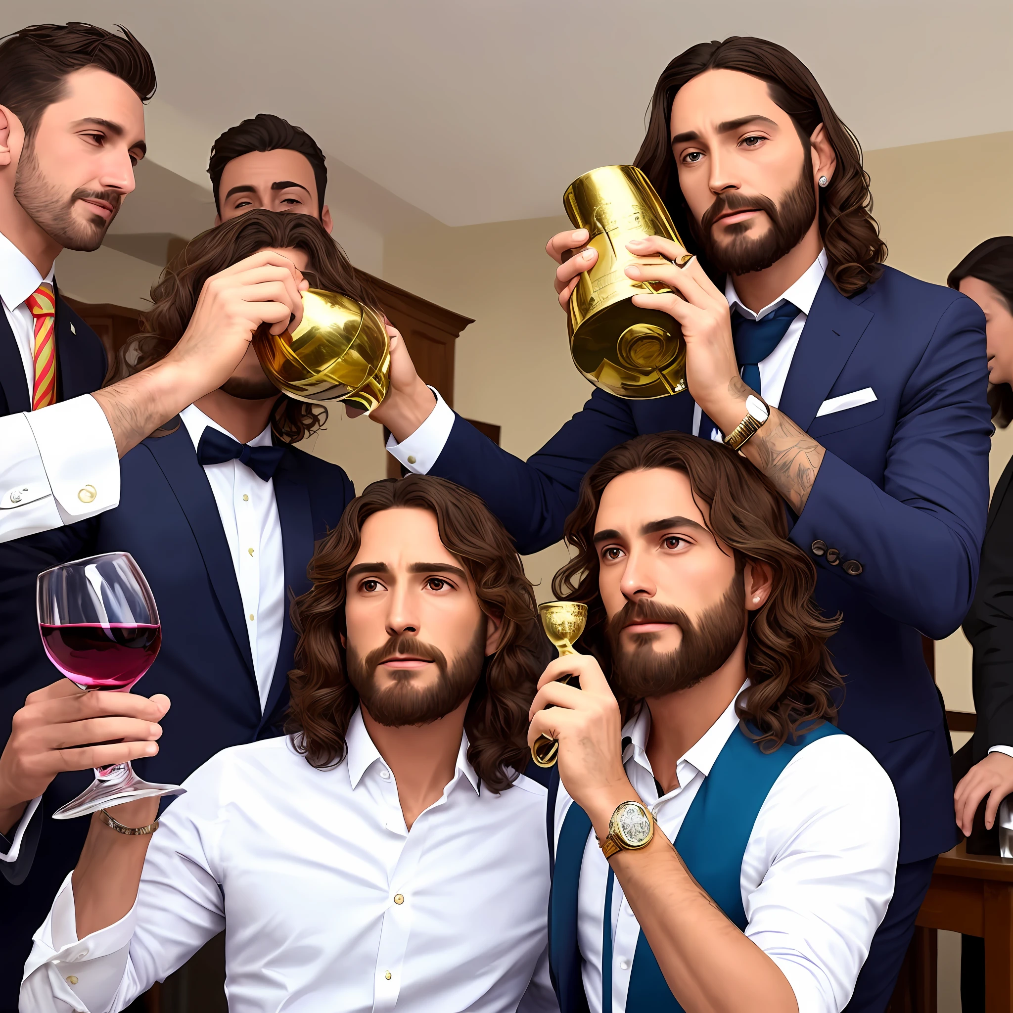 Jesus pelo rizado bebiendo vino con una copa de traje y corbata y