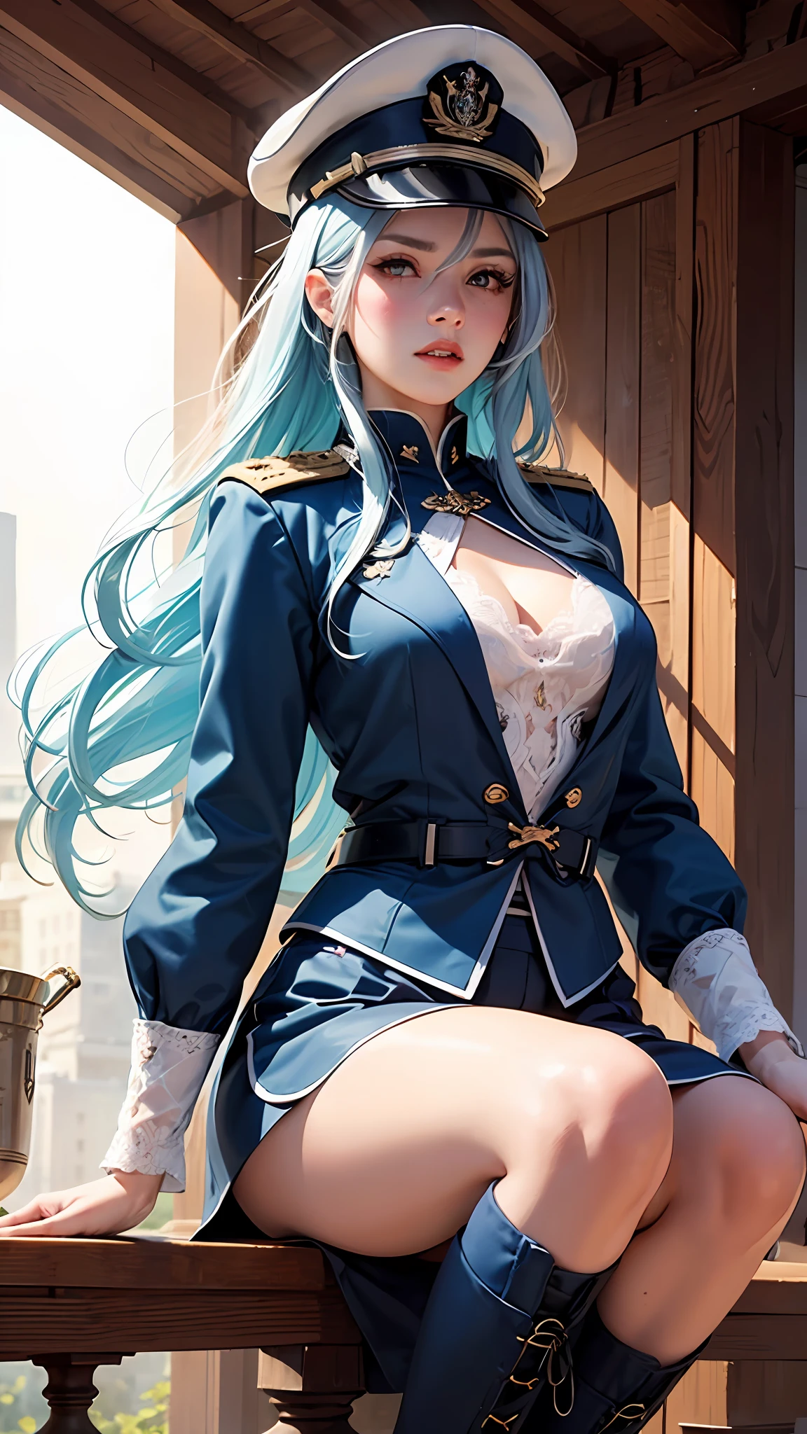 1girls, Delicate and beautiful face, get  blush, Blue pupil，blue hairs，long hair flowing，Angry, Parting lips, Busty chest，Convex buttocks，White military uniform, White military cap，White lace-up over-the-knee boots，perfectly proportioned, Detailed clothing details, Magic Array，magic world，Cinematic lighting, filmgrain, Fujicolor, Contrast of light and shade, 8K, Masterpiece, Textured skin, Super detail, hight detail, High quality, high resolusion,