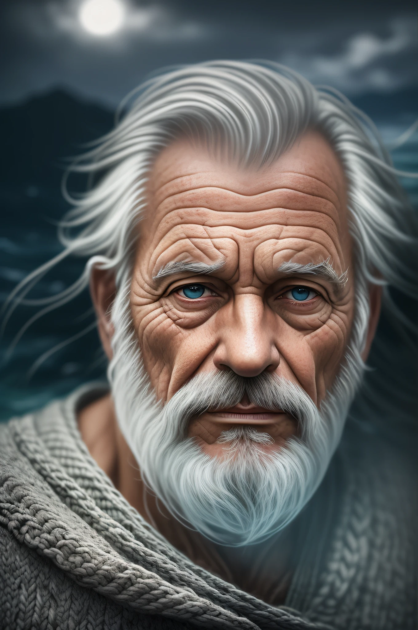 award winning portrait photo of an older male medieval grizzled sailor in a knitted sweater with wrinkles on face, ocean, waves, mountain cliffside with breaking waves, stormy, sinister, evil, (backlighting:1.3), digital painting, concept art, smooth, sharp focus, rule of thirds, dark fantasy,intricate details, medium shot