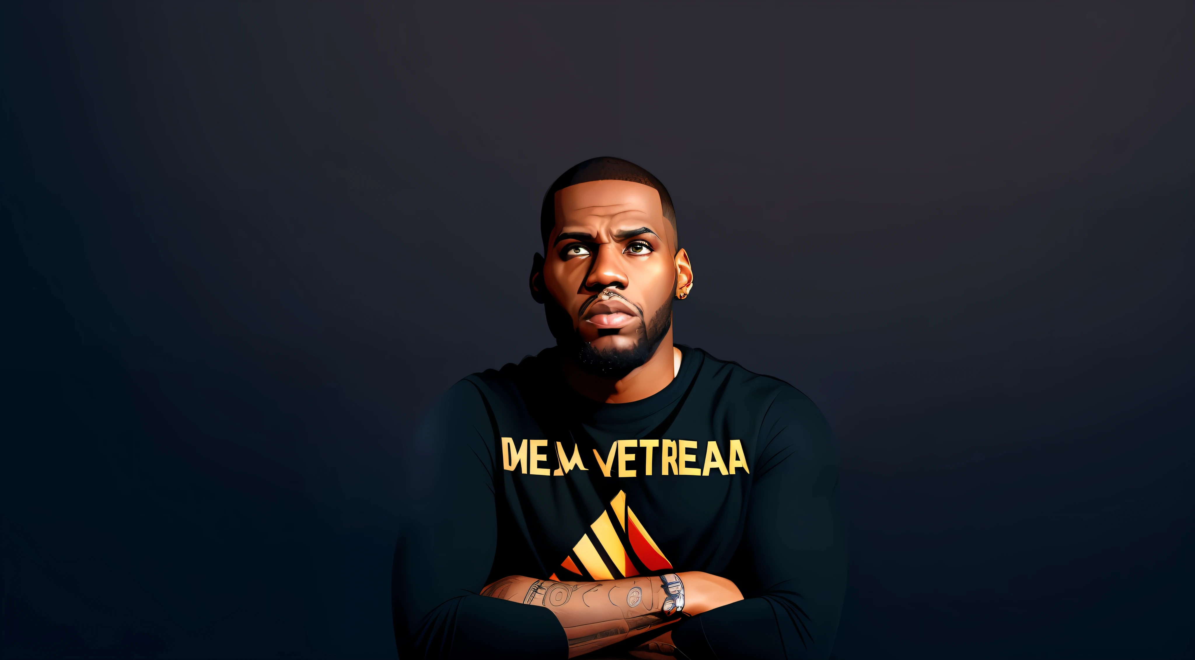 Homem com tatuagens e uma camisa preta sentado em um banquinho, arte oficial, ligeiramente pixelado, inspirado em Paul Georges, Arte Oficial, retrato promocional, Retrato de LeBron James, he is wearing a black t-shirt, Kevin Hart, intrincado, no fundo preto, contra um fundo preto profundo, Mohamed Reda, ((Saturado)), editing