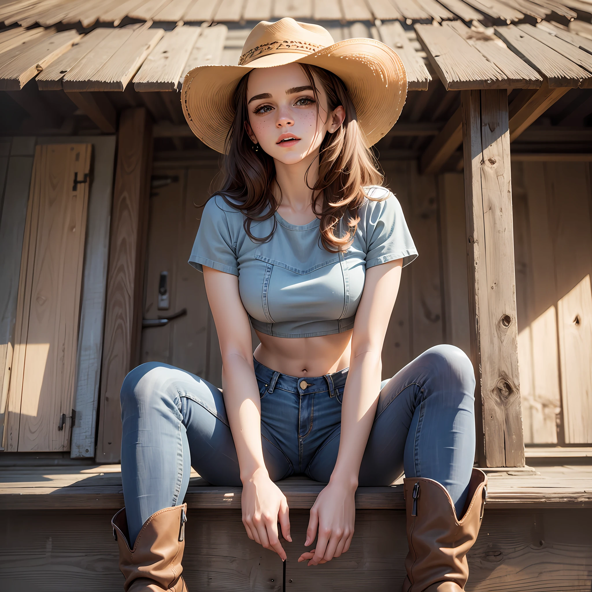 emma watson sitting on the barn. slender and perfect figure. tight denim shorts. crop top. freckles, beautiful face. masterpiece, intricate detail. cowboy hat. boots.