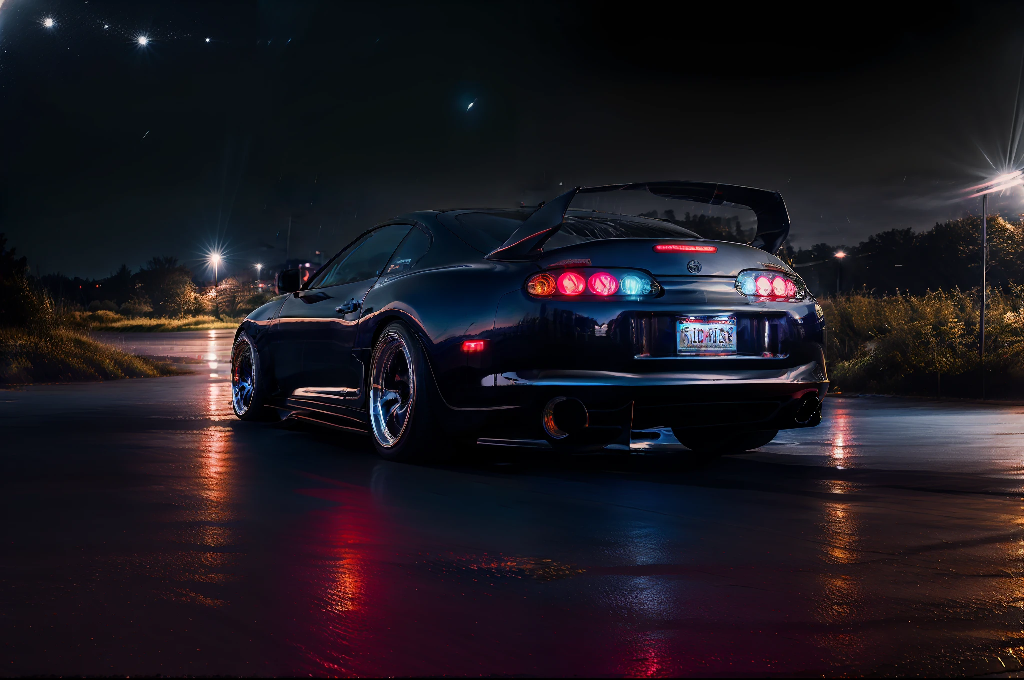 (STANCE), masterpiece,best quality,official art,extremely detailed CG unity 8k wallpaper,illustration, light,car, bright, sports car, vehicle focus, road, ((need for speed)),((NFS)), moving, wet, (((night, midnight))),neon lights,drift,  (MARKII)