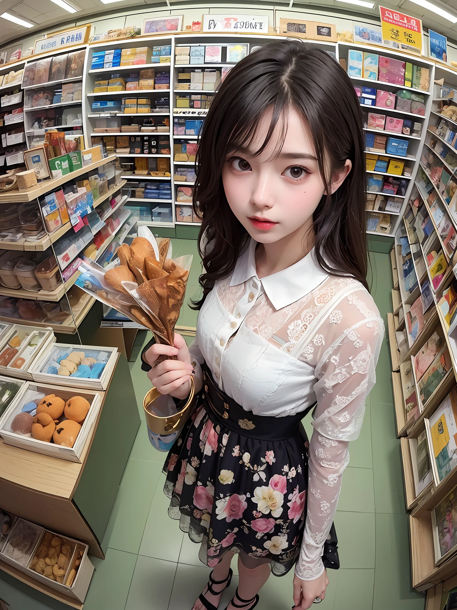(Masterpiece, Top quality, Best quality, officlal art, Beautiful and aesthetic:1.2), (1girls:1.3), extremely detailed details,Colorful,highest details, From above, Solo, 1 girl standing in the store，There are a lot of stuffed toys and bags of things on the shelves, Depth of field, fish eye lens