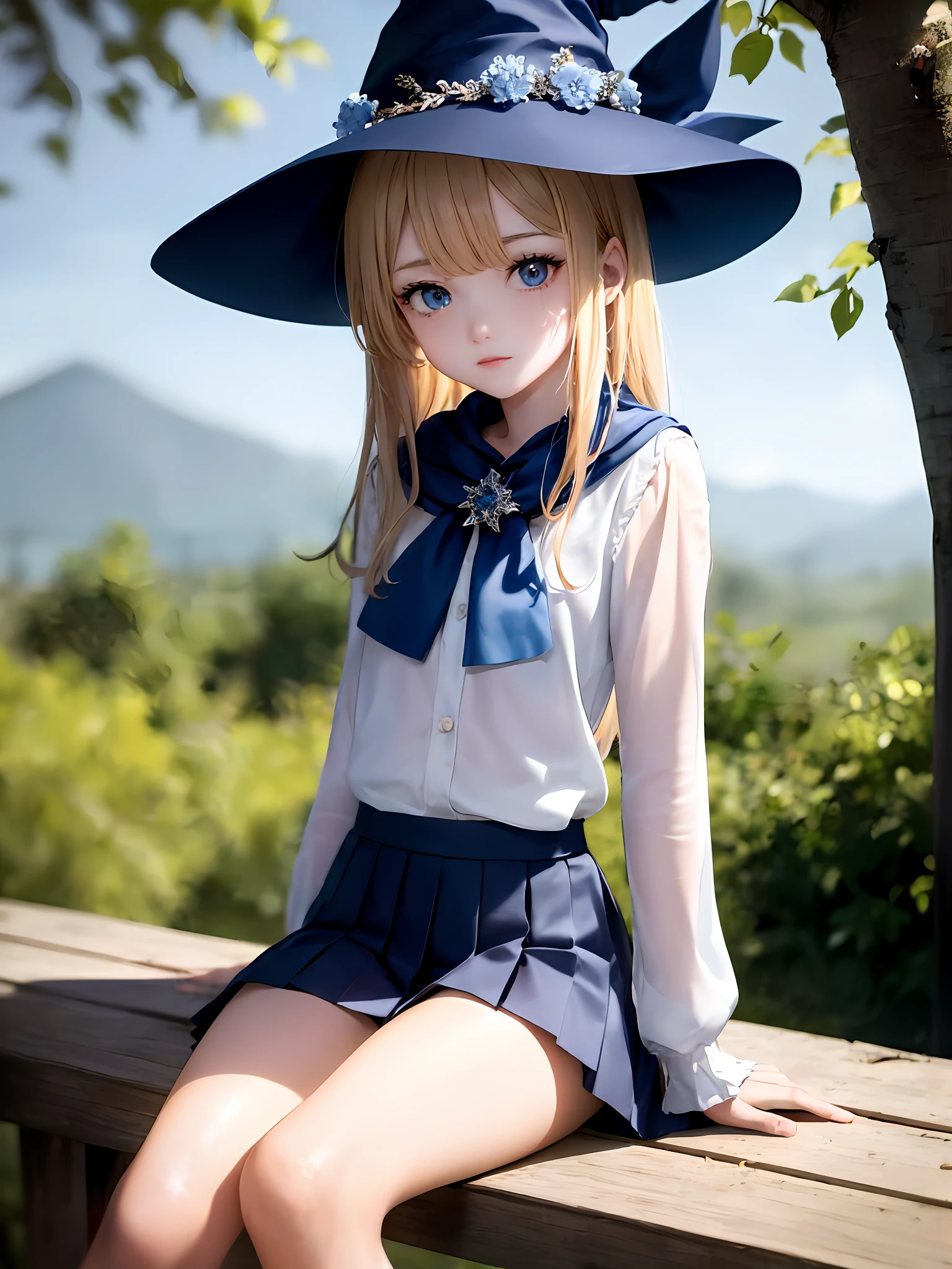 1girls, solo person， (Masterpiece:1.1), (Best quality:1.1), (White blouse:1.1),  Break [Blue:Pink:0.5] theme, Cowboy shot, s whole body，Look at the audience，Break open blonde hair,long haired,exquisite facial features，fair white skin，Slender beautiful legs，The Perfect Hand，Blue eyes, Blue witch hat，Small blue shawl，White top，Blue pleated skirt，White sneakers，Seated position，forest backdrop，Sell moe
