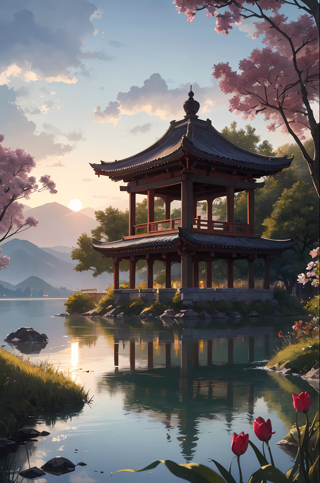 Evening by the lake，The sun shines on the lake，It's like it's sprinkled with golden diamonds。The breeze blows through，The flowers on the grass sway gently，Bursts of fragrance。

A small wooden bridge spans the lake，It is carefully carved，It presents a quaint charm。Several antique lanterns are lined up on the bridge，The lights are warm and soft，Cast a faint glow。

At the other end of the bridge is a beautiful sea of flowers，Colorful flowers bloom in a picturesque landscape。Red roses、Purple lavender、White tulips intertwined with each other，It's like a gorgeous oil painting。

There is a small pavilion by the lake，The pavilion is crawling with green vines，It seems to be an emerald green picture given by nature。Inside the pavilion is a delicate coffee table and several elegant rattan chairs，Let people sit down and enjoy a cup of tea，Enjoy the beautiful scenery reflected on the lake。

Mountains loom in the distance，Clouds surround it，It's like a fairyland。The setting sun shines obliquely at the foot of the mountain，It sets off a fuchsia dream。

There is a young couple on the path by the lake，Hand in hand，Take a leisurely stroll。A few colorful butterflies flew around them，It seems to be adding a touch of romance to their beautiful moments。

At the moment，Time seems to freeze，Everything became peaceful and beautiful。This beautiful scene is like a perfect painting，It's heart-wrenching，It's like being in a fairytale world。