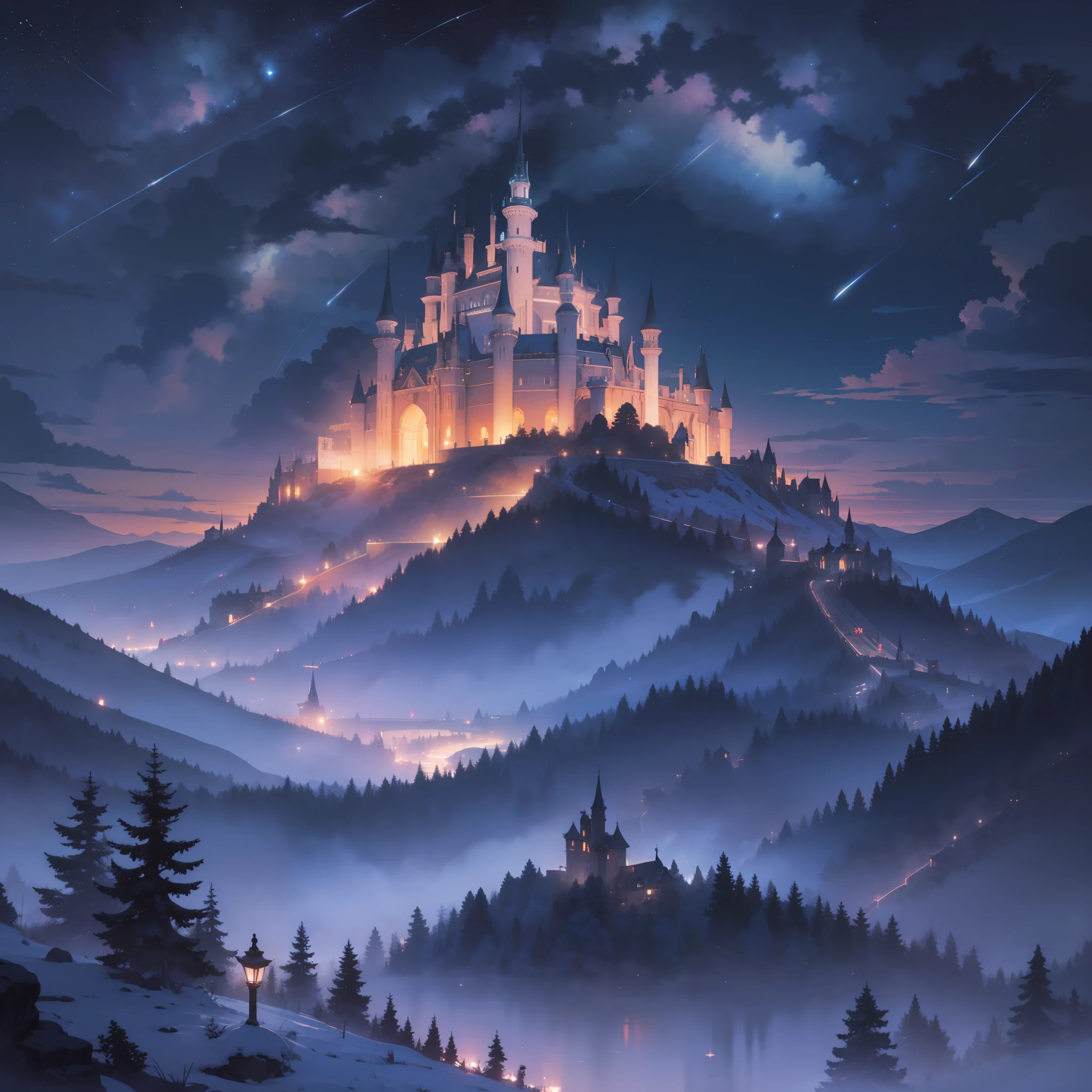 A huge enchanted castle in the distance，magnificent，spectacular，杰作，8K分辨率，night，Shooting stars cross the night sky，The mountains in the distance are majestic