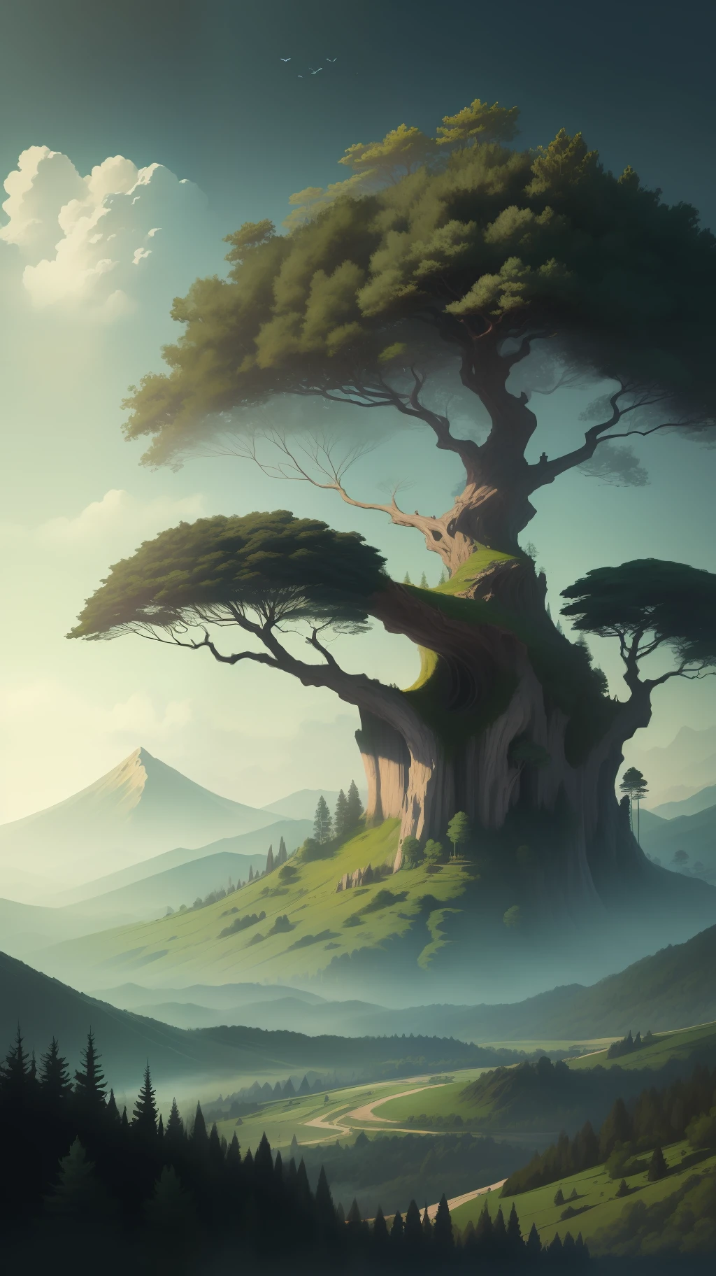 Faraway view, giant green tree from the horizon, mountain, high lighting,