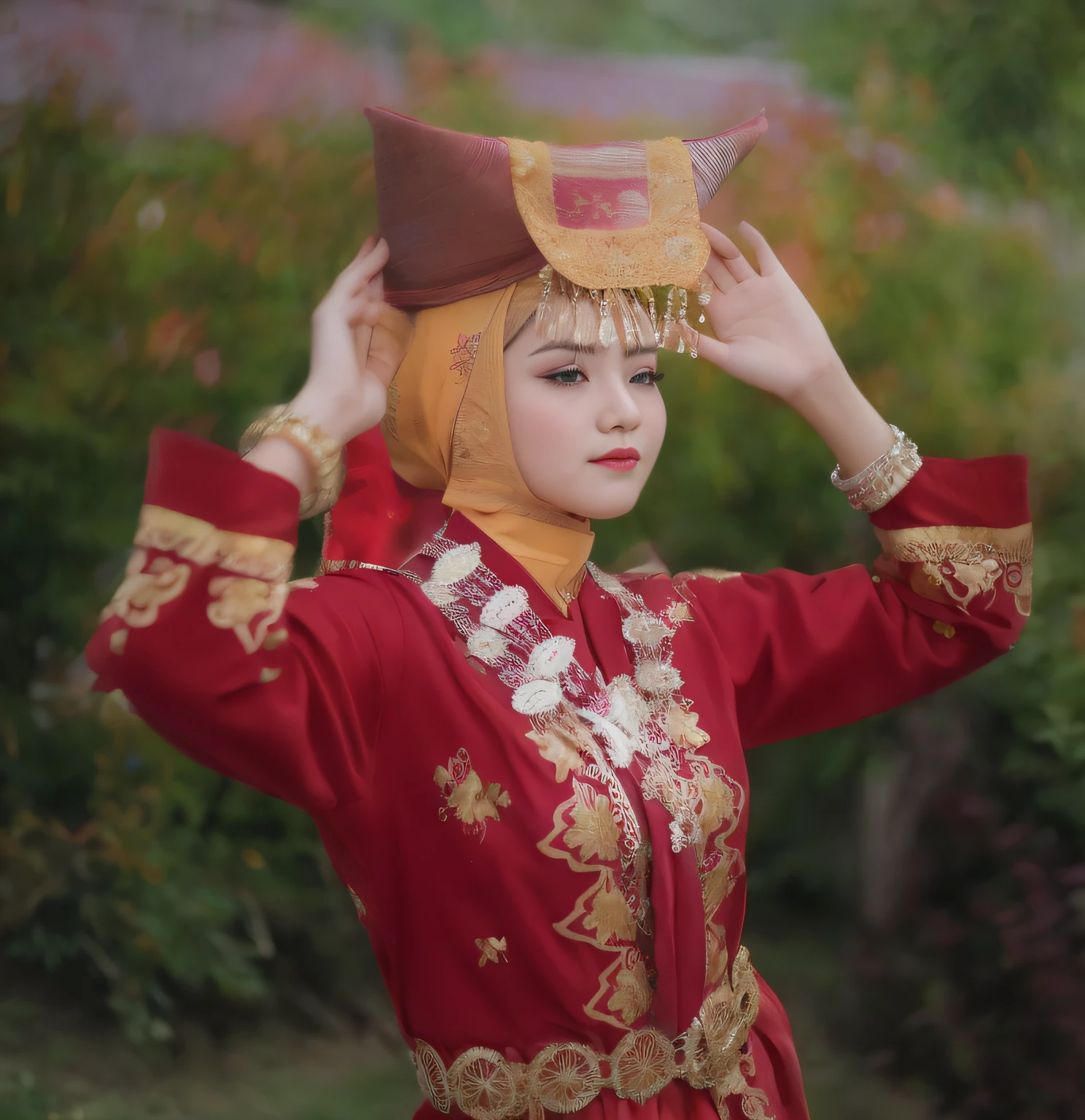 there is a woman in a red dress with a hat on her head, traditional dress, traditional beauty, traditional clothes, wearing traditional , wearing authentic attire, traditional costume, traditional clothing, wearing ornate clothing, traditional photography, traditional, wearing an ornate outfit, portrait shot, wearing red attire, by Basuki Abdullah, beautiful woman, potrait, mid shot portrait