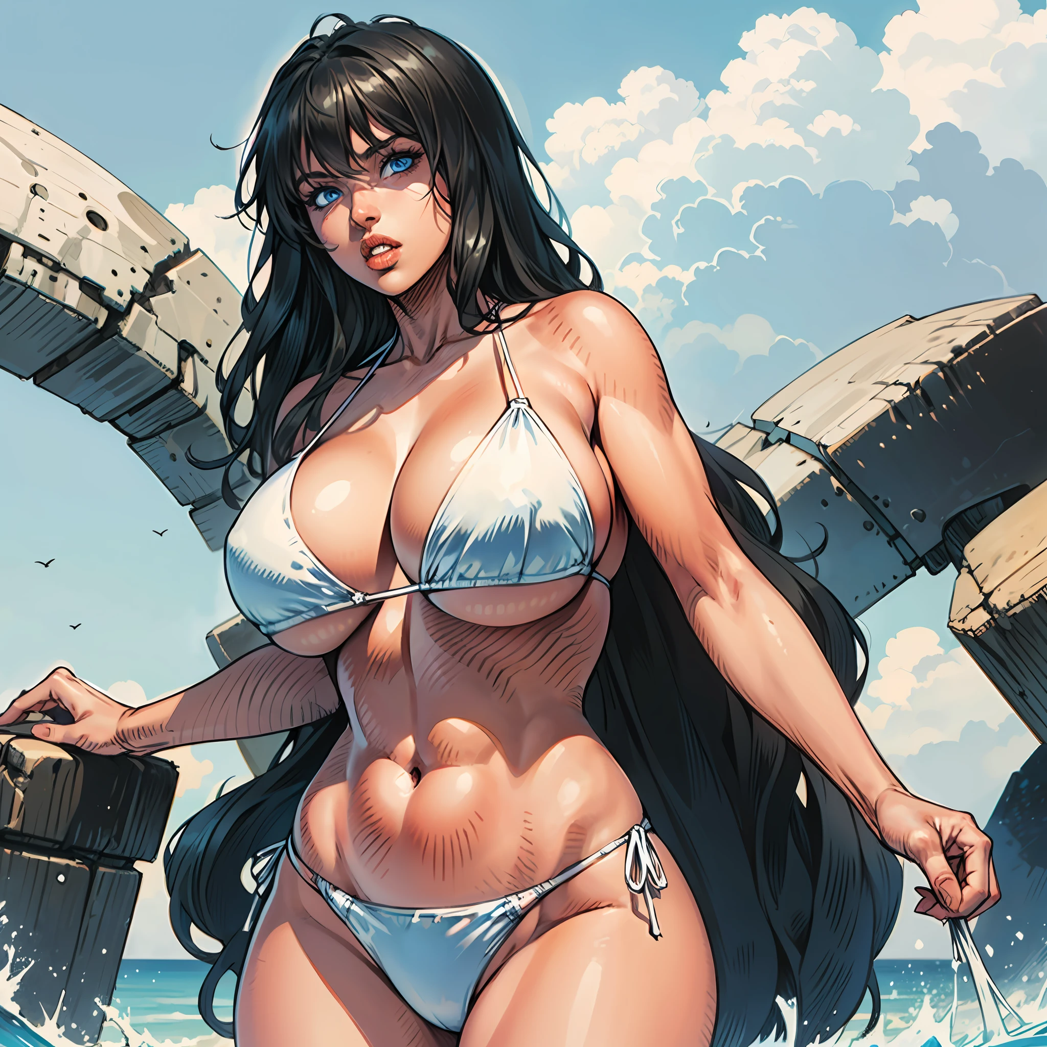 woman wearing a white bikini, druuna, dark blue eyes, white bikini, white g-string, full lips, big boobs, best quality
