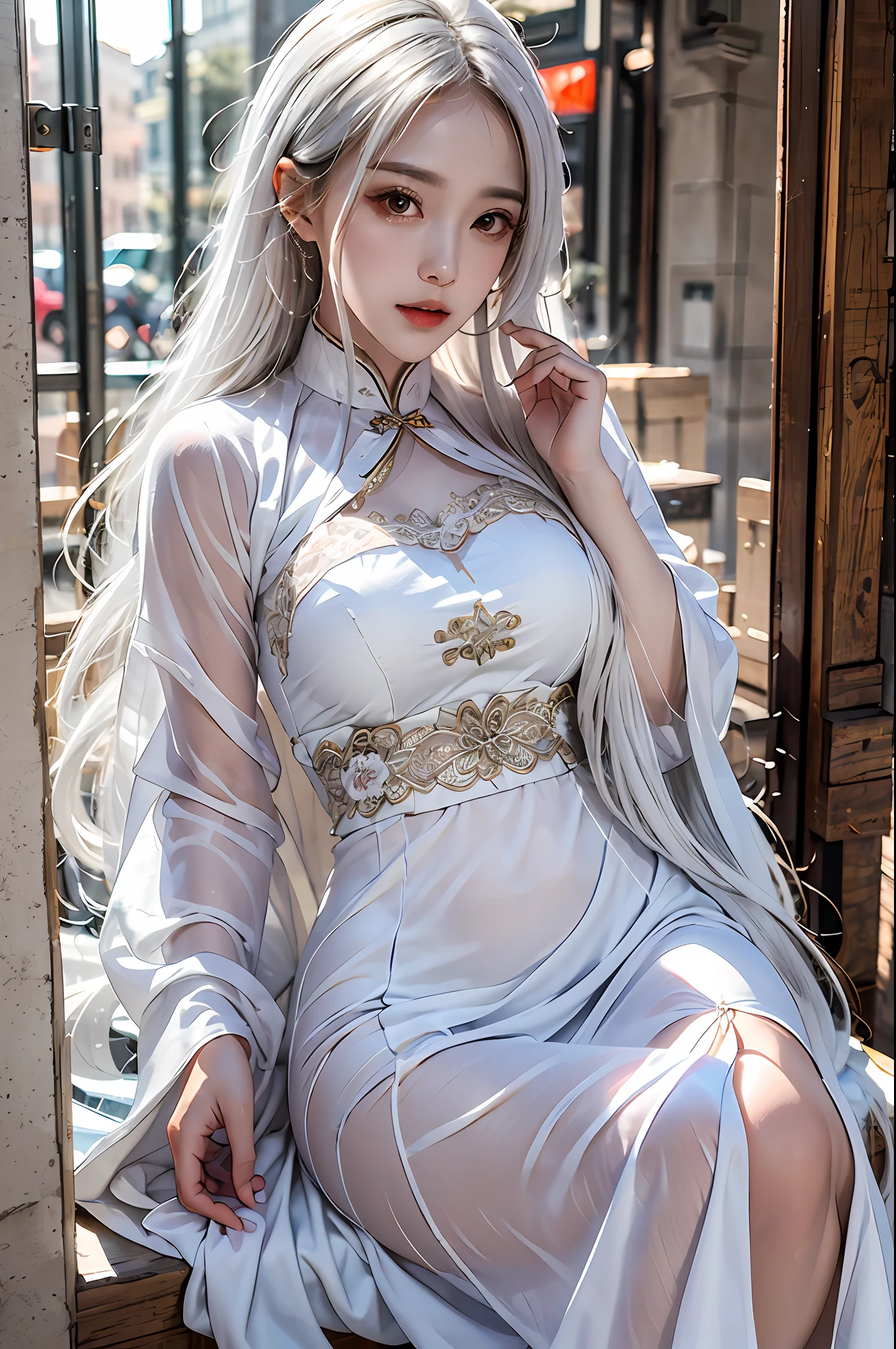 best quality, masterpiece, ultra-detailed, detailed light, (RAW photo:1.2), (photorealistic:1.4),(masterpiece:1.3),(best quality:1.4), 1girl, solo, waist up, white hair, long hair, dress, aodai, vietnamese traditional clothes