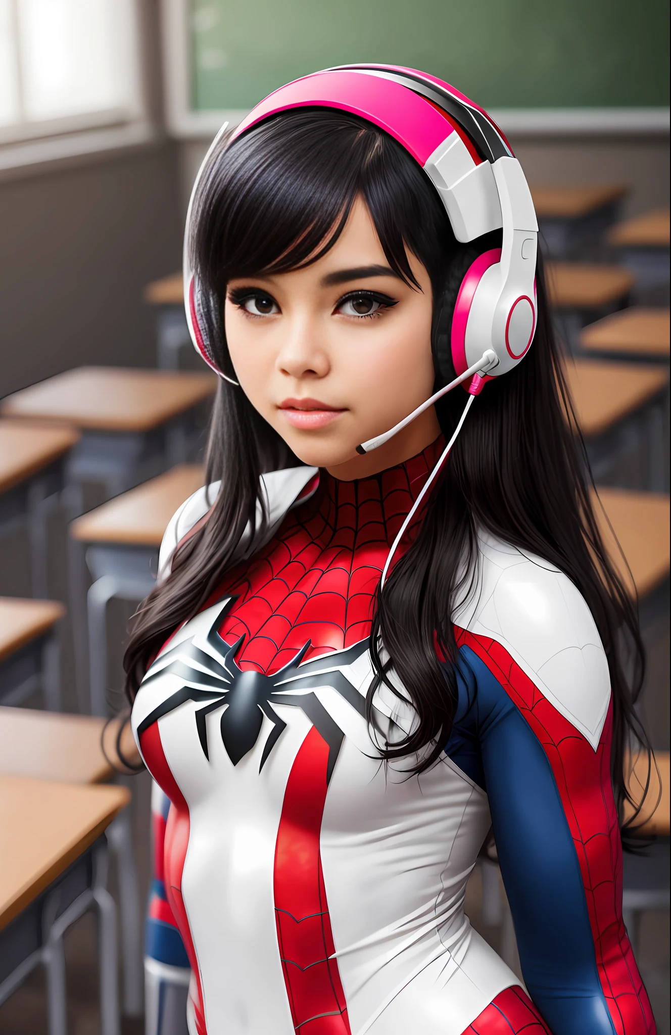 a beautiful young woman with black hair wearing a white spider-man  suit and modern pink and white headset, in a classroom. --auto --s2