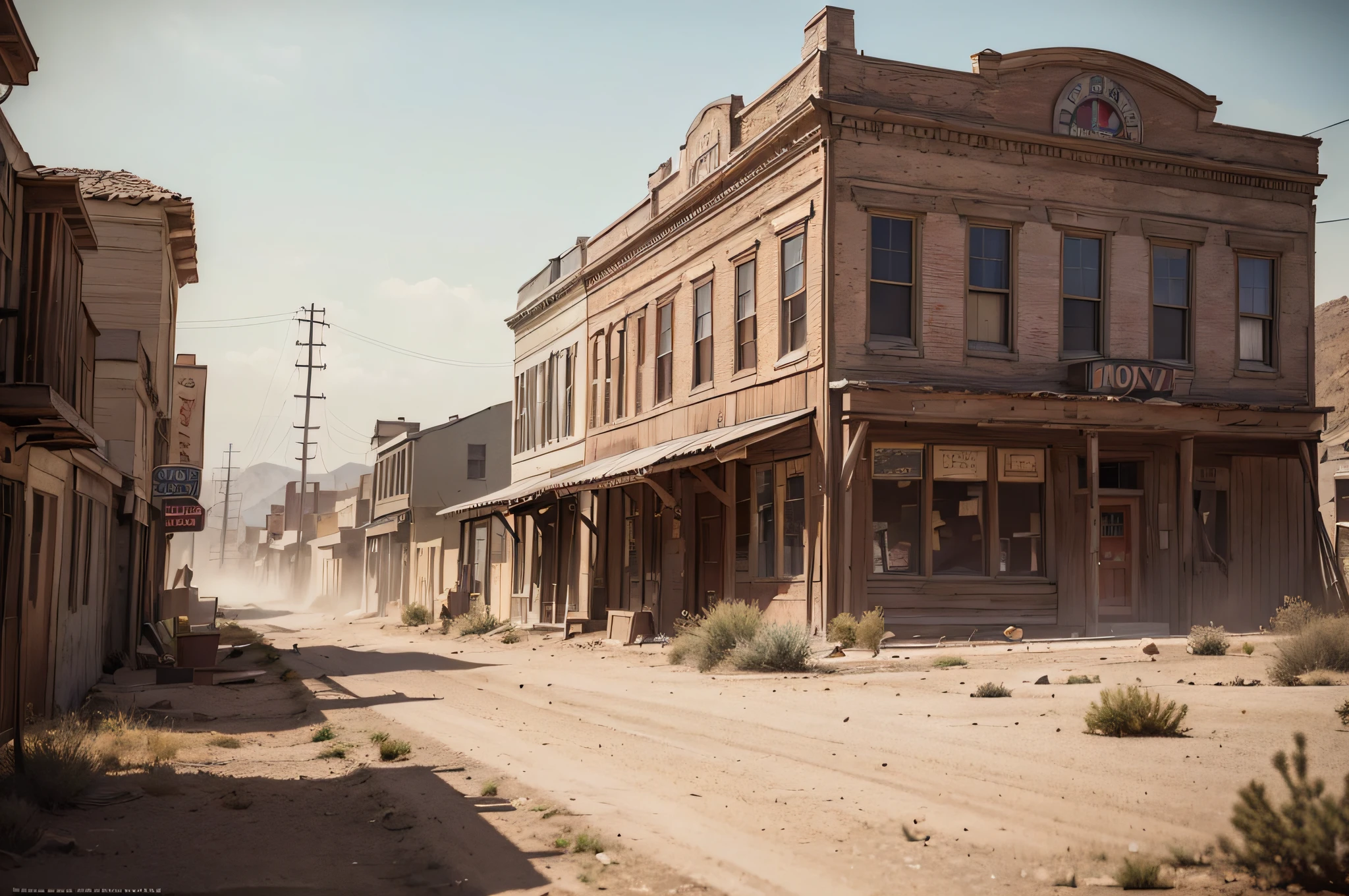 ((photo)), ((best quality)), ((masterpiece)), ((detailed)), ((cinematic shot), ((captured from eye level)), building exterior, an authentic, classic western movie style ghost town backdrop, dust storm background, tumble weeds scattered around.