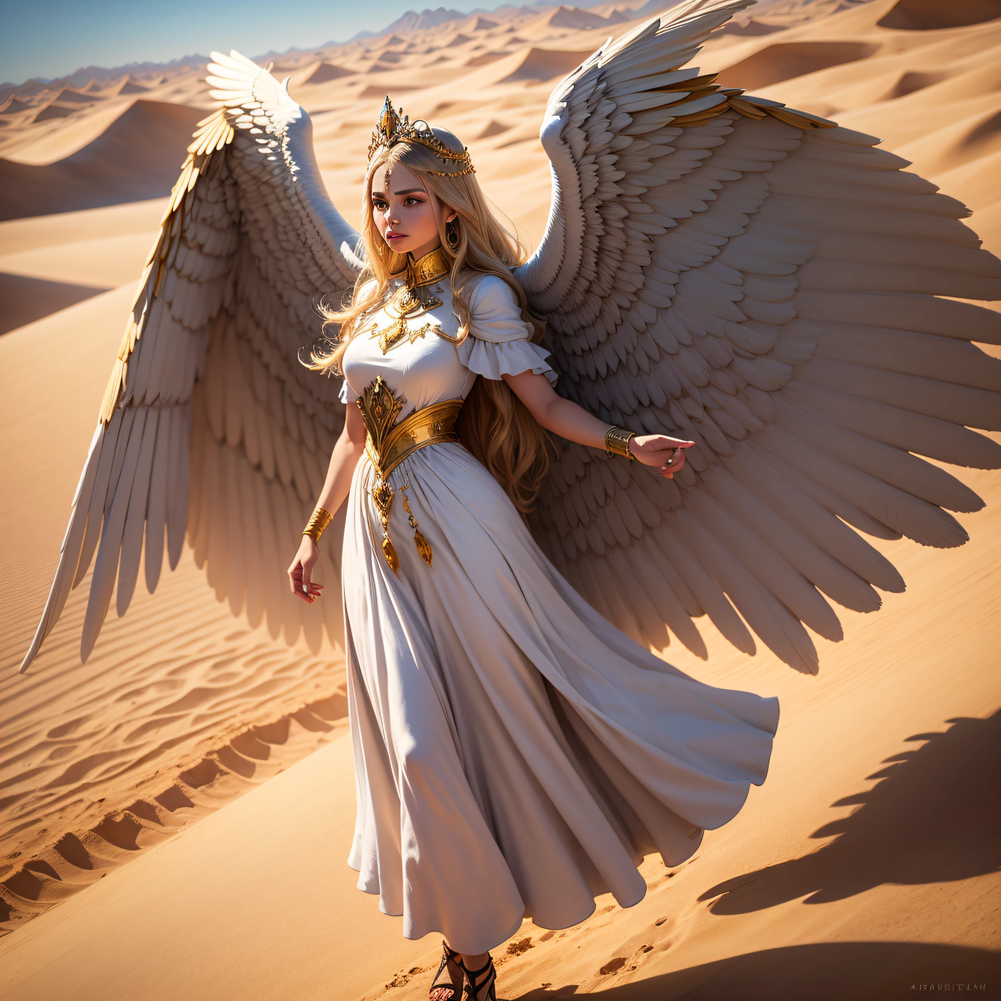 Uma princesa do Egito com asas douradas, emanando uma aura de divindade. Her flowing dress in shades of white and gold complements her majestic wings. It is hovering over the desert dunes, looking down with a serene and powerful expression.