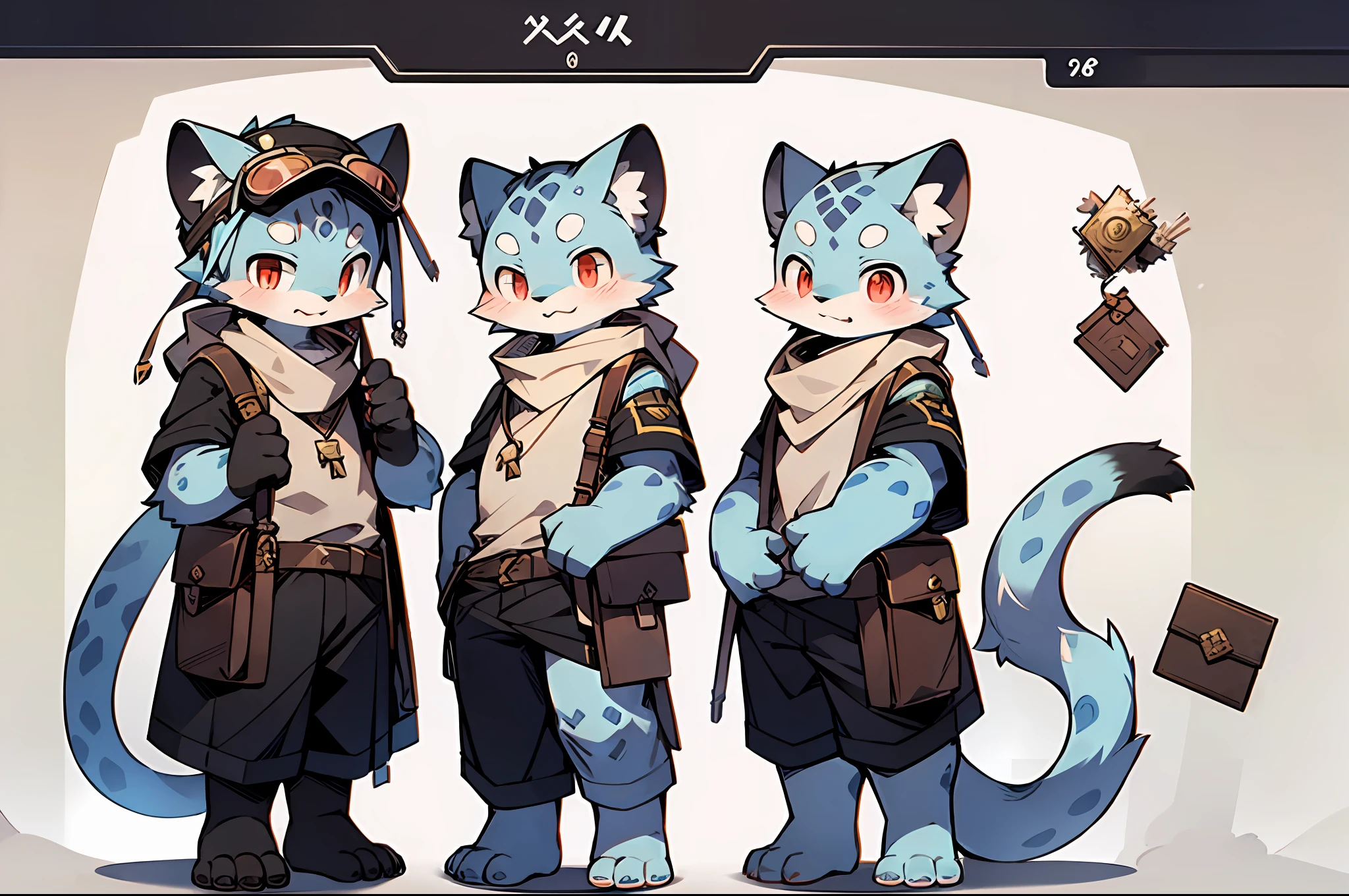 Break,Master masterpieces,high resolusion,8K,detailedbackground,high qulity,(Blue fur,Black sclera,Red eyes,Fluffy fur,Detailed fur,snow leopard)was hairy, Broken, male pubic hair,(Various angles,Various actions)Libido boy, humanoide,fig leaf,loincloth,(transmission,satchel,mailman,correspondence,protective goggles,bare foots:0.6),((独奏)),(by Dagasi: 0.8),( ( characterconcept art,reference sheet) )