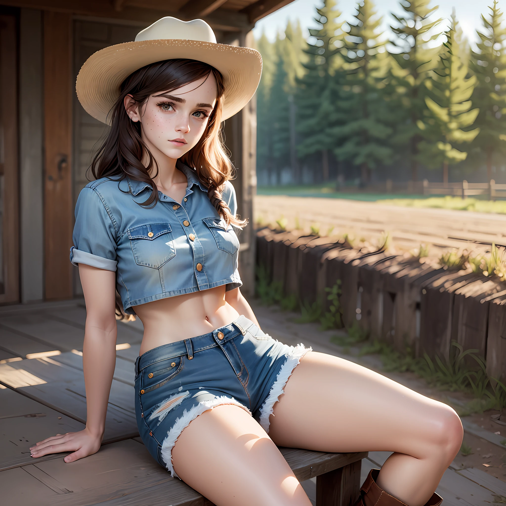 emma watson sitting on the barn. slender and perfect figure. tight denim shorts. crop top. freckles, beautiful face. masterpiece, intricate detail. cowboy hat. boots.