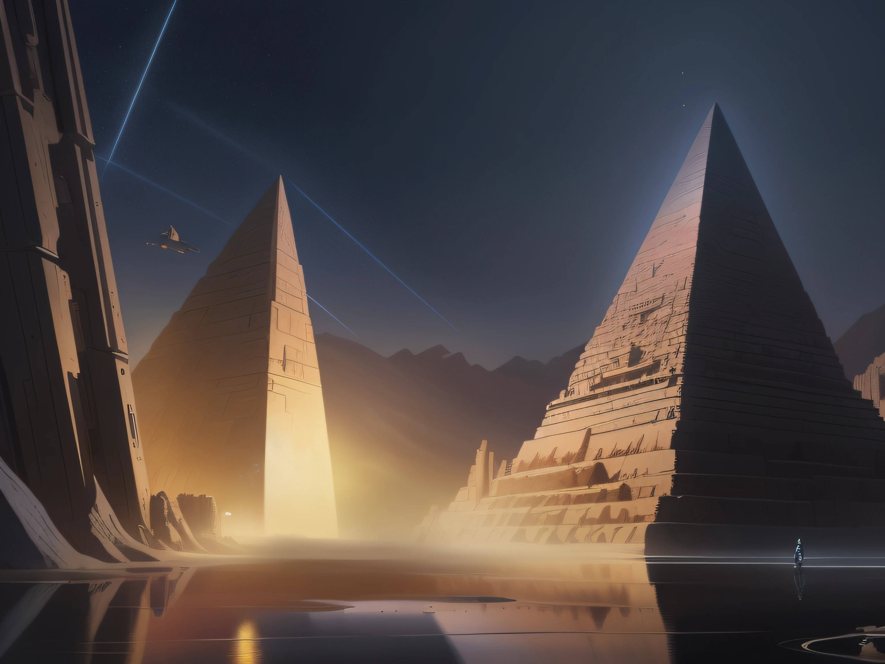 There are two pyramids in the desert, with stars shining in the sky. It is an ancient megastructure inspired by smooth digital concept art and sci-fi digital painting, and it is an art piece that feels the fusion of ancient and future. Award-winning concept artist Nicolas Bubiespulse has a sparse and sparse style beeple. Inspired by Jean Giraud, it is a masterpiece of sci-fi digital painting.