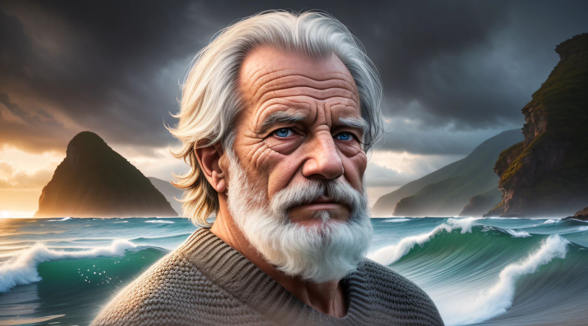 award winning portrait photo of an older male medieval grizzled sailor in a knitted sweater with wrinkles on face, ocean, waves, mountain cliffside with breaking waves, stormy, sinister, evil, (backlighting:1.3), digital painting, concept art, smooth, sharp focus, rule of thirds, dark fantasy,intricate details, medium shot