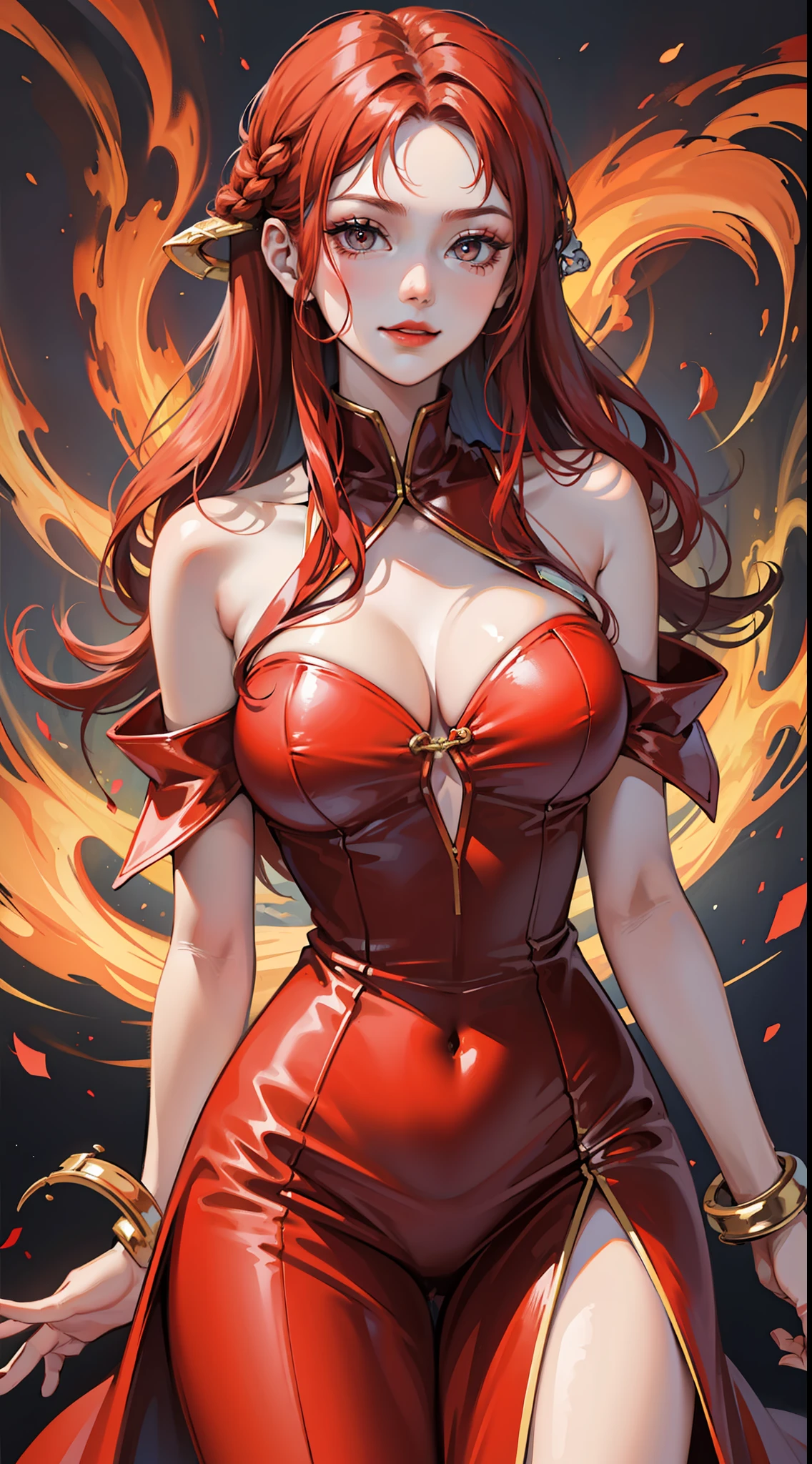 Adult woman, long bright red fiery hair, bright red fiery eyes, bright red fire dress, Tentacles made of magma, smirk, The Masterpiece, hig quality
