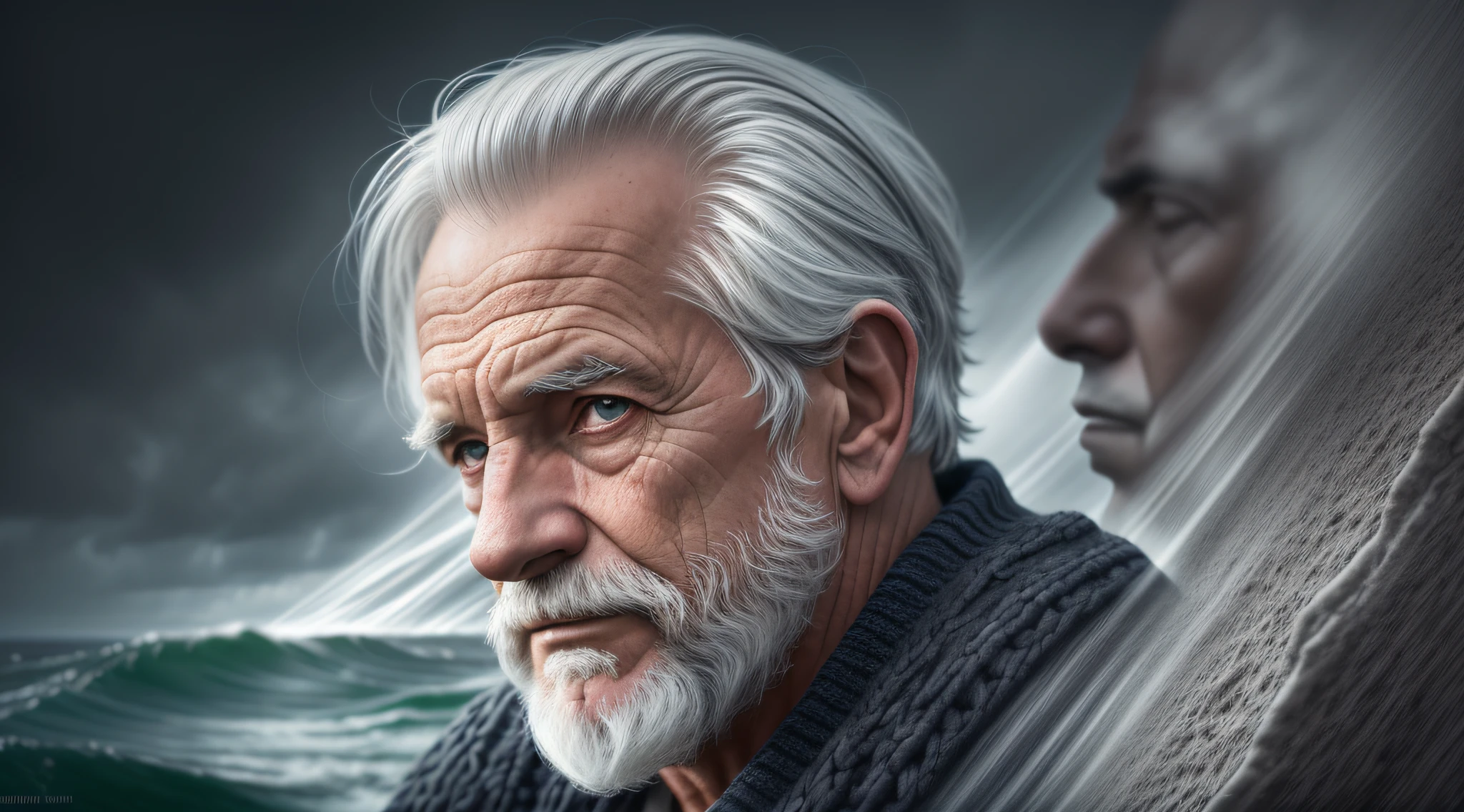 award winning portrait photo of an older male medieval grizzled sailor in a knitted sweater with wrinkles on face, ocean, waves, mountain cliffside with breaking waves, stormy, sinister, evil, (backlighting:1.3), digital painting, concept art, smooth, sharp focus, rule of thirds, dark fantasy,intricate details, medium shot