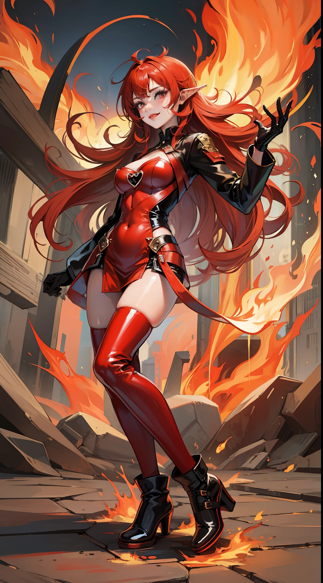 Adult woman, long bright red fiery hair, bright red fiery eyes, bright red fire dress, Tentacles made of magma, smirk, The Masterpiece, hig quality