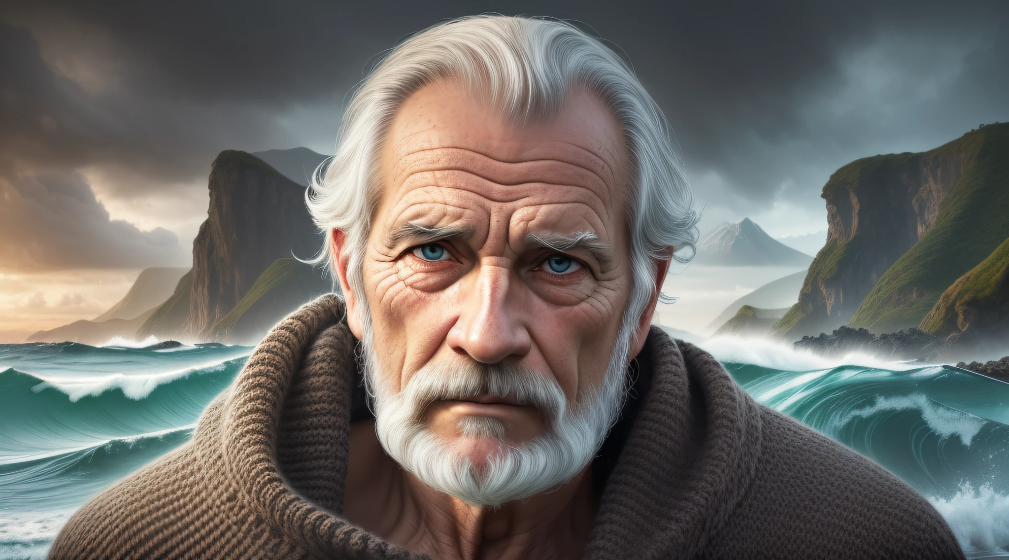 award winning portrait photo of an older male medieval grizzled sailor in a knitted sweater with wrinkles on face, ocean, waves, mountain cliffside with breaking waves, stormy, sinister, evil, (backlighting:1.3), digital painting, concept art, smooth, sharp focus, rule of thirds, dark fantasy,intricate details, medium shot