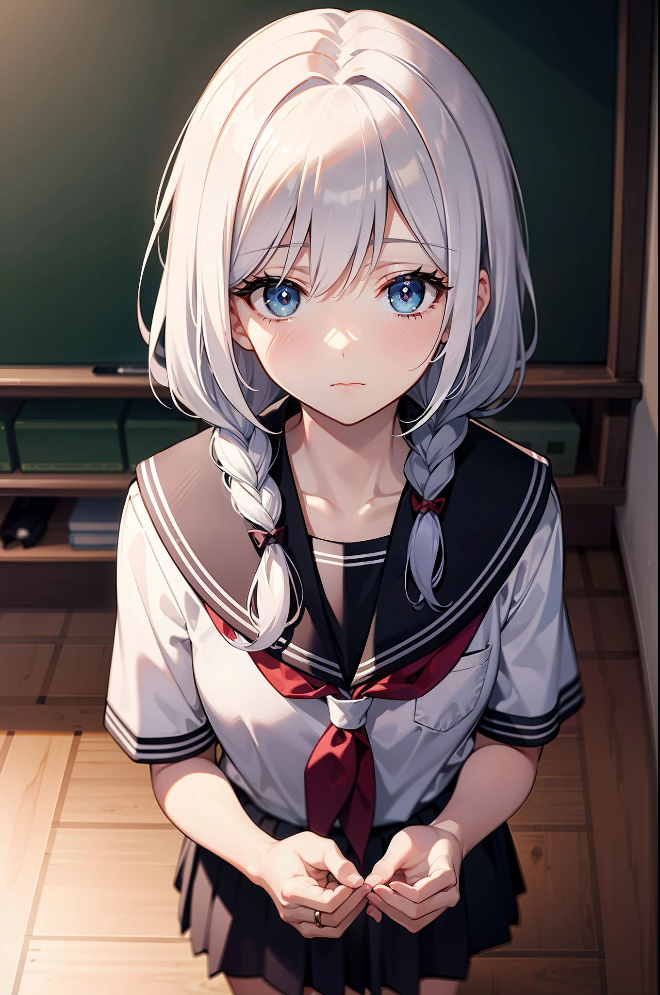 master-piece，best qualiy，master-piece，best qualiy，officlal art，extremely detailed CG Unity 8k wallpapers，traditional_media，the girl，single braid，black hair tie，slong hair，white hair，Blue Eye，mediumbreasts,black serafuku，expressionless，school,short braid,from above,standing,shy