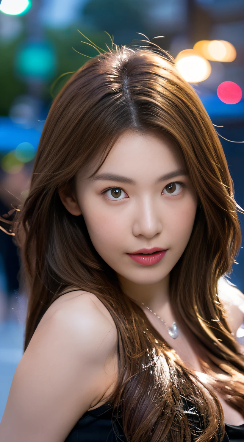 ((Realistic lighting、beste Quality、8K、Master Masterpiece:1.3))、Clear focus:1.2、a 1 girl、Perfect Body Beauty:1.4、Slim abs:1.1、s whole body、((darkbrown hair、a large breast:1.3))、(Acceleration:1.4)、(al fresco、Night:1.1)、View of Waikiki Beach、Slender face、Fine eyes、Double eyelidd、poses of fashion models、Floating hair、T‐shirt、Pendants、