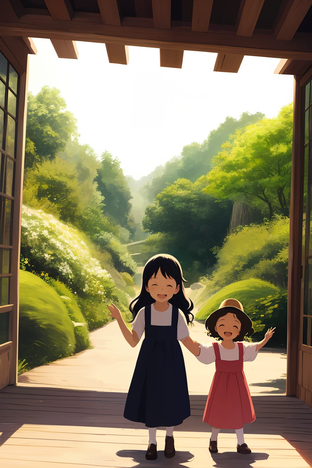 Happy kids girl, Long curly hair, bucolic, Women's children's clothing, The color is smooth, Simple art, In Studio Ghibli style, Colorful chrysanthemum style