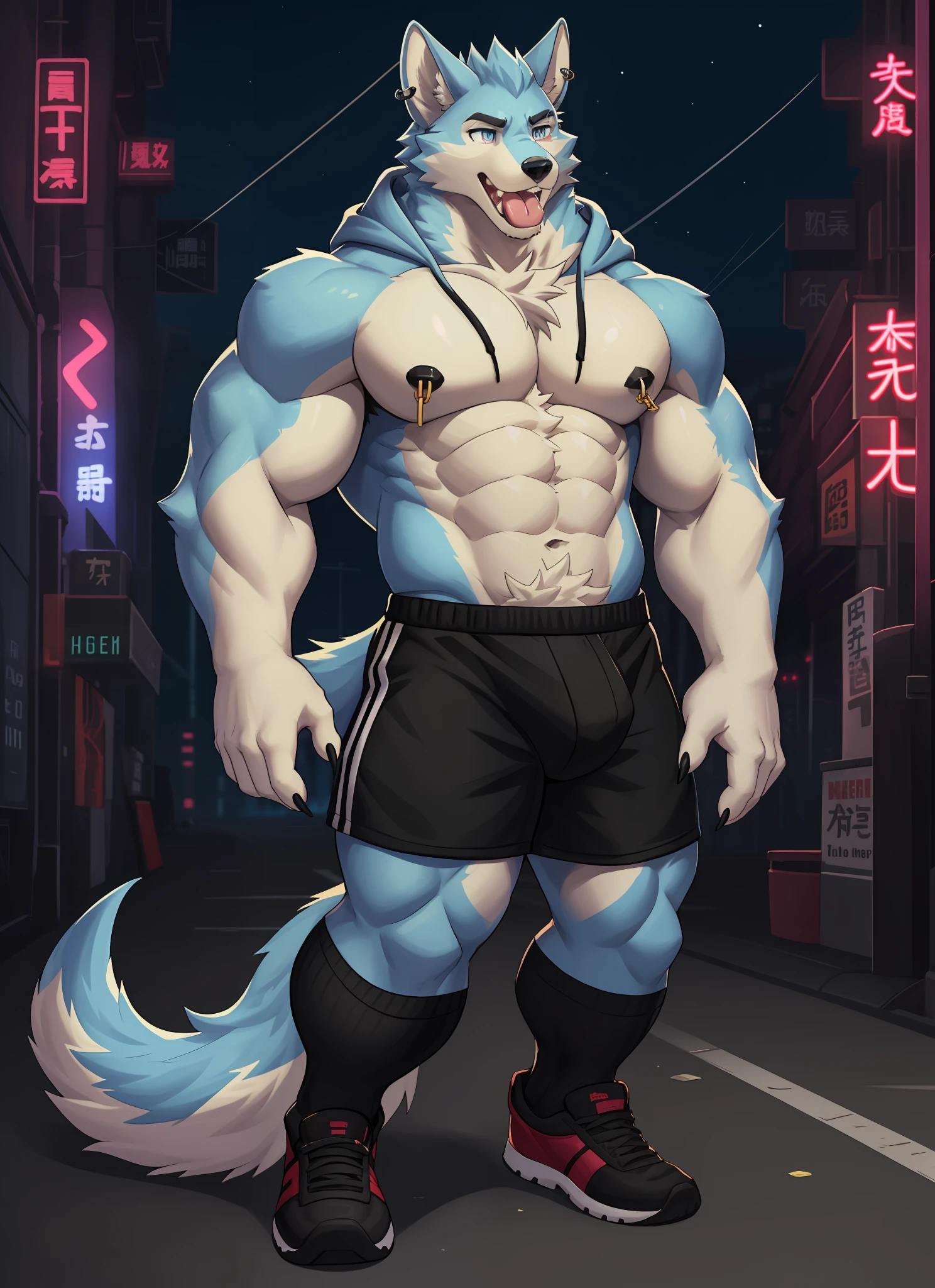 独奏，1boys， Male focus， very muscular， chest muscle， mucular male， Briefs， Sharp nails， nightcity， neon lit， Long hairs， Blue fur，s whole body，Thick legs，Thick black socks，Kneel on both legs，Lewd expression，kneels on the ground，Kneel on both knees，独奏，solo person，Thick black socks，Briefs，Only one person！Stick out your tongue，Nipple rings，Cross your hands at the waist，Chest，Blue pupil，Black jacke，hoody，sport shoes，Clothes open