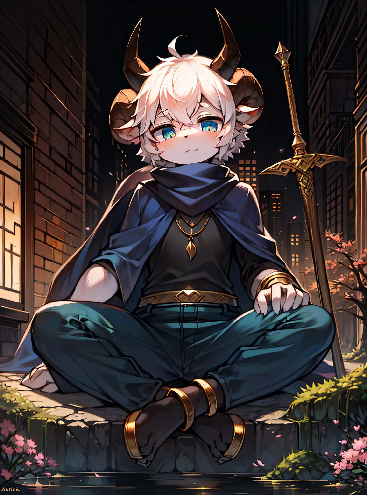 Masterpiece quality,Highest definition,Detailed textures,12K, Solo,Puppet Focus,Detailed characters,Soft light,big city,Oriental style,Water,Bonsai,vine,blossoms,Sheep boy,Shota,Beast type,Sheep's ears,Horned sheep,White fur,Short snow-white hair,Fine eyes,Blue transverse pupils,Huge horns,Blue and black scarf,Black and white cape,Broken gold prismatic forehead,Light blue shirt,Black gold pants,Anklets,Seated position,Staff