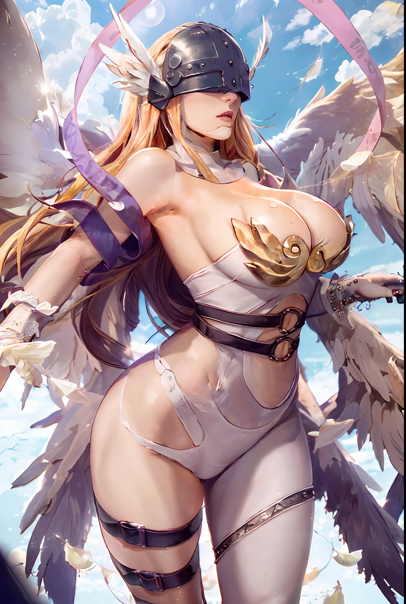 obra maestra, calidad superior, High resolution, Manic Details, shigh definition, alta calidad, Cara detallada,Angewomon, Digimon, extremidades corporales detalladas, Detalles de los dedos, Mujer, cabello rubio, tetas grandes, Pose sexy, nalgas, disparo atras, nubes, cielo azul, Mountains, nieve.