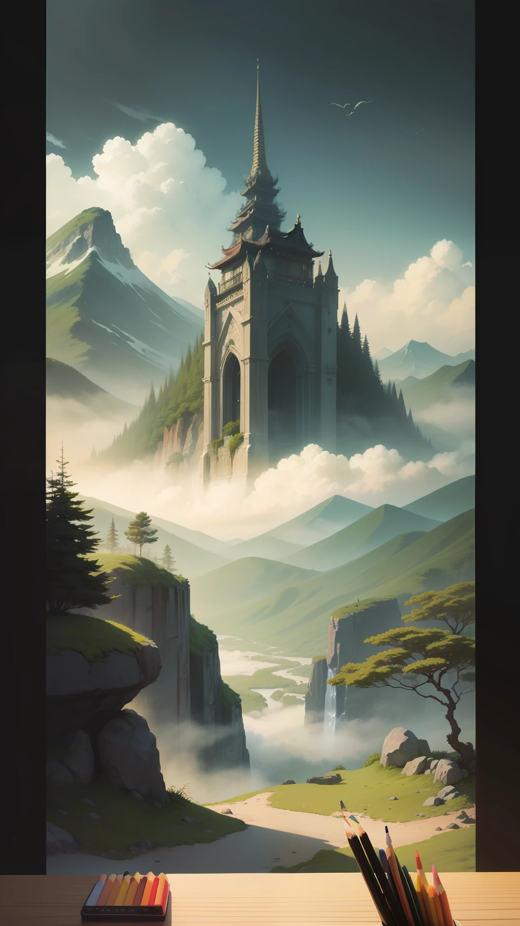 illutst、Drawn with crayons、Artstick、Japanese landscape、mystical、A foggy world、backgrounds、landscapes、Fantasia